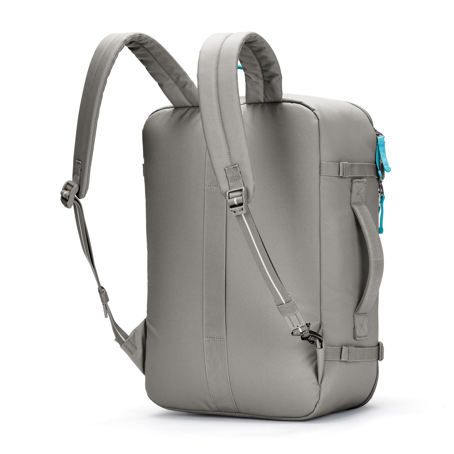 Pacsafe® GO 34L Anti-theft Carry-on Backpack in gray with padded straps and blue zipper pulls.