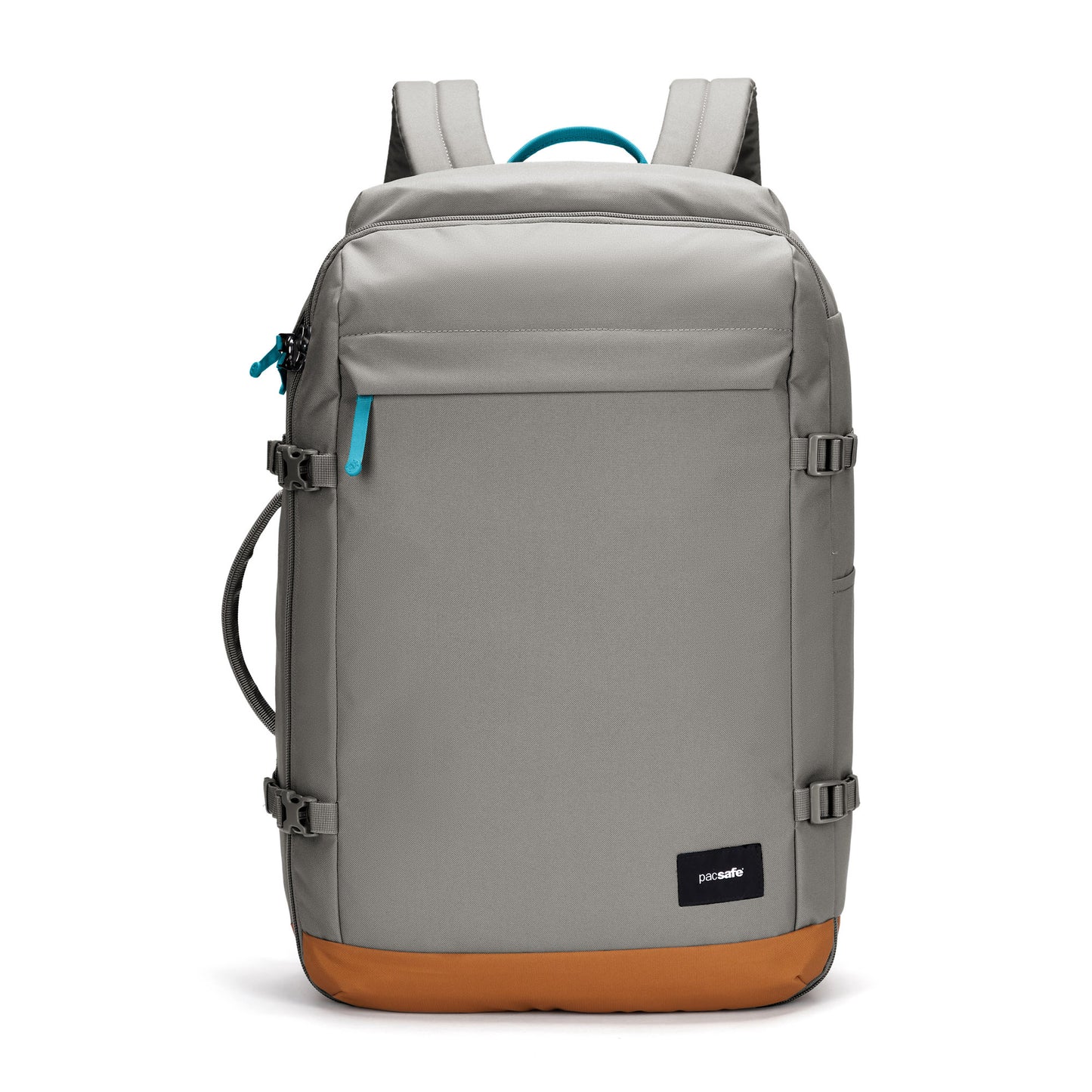 Pacsafe® GO 44L Anti-theft carry-on backpack in gray/brown, multiple compartments, RFID pocket, straps; white background.