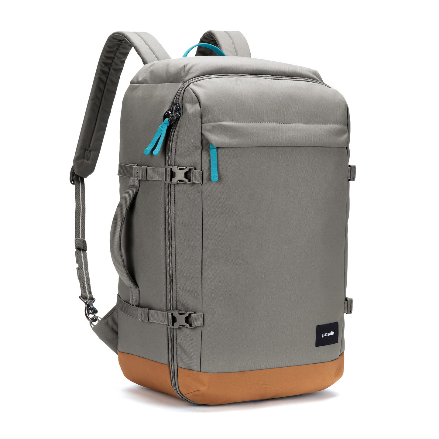 Pacsafe® GO 44L backpack, gray with brown bottom, RFID-blocking pocket, blue zippers, adjustable straps, black logo.