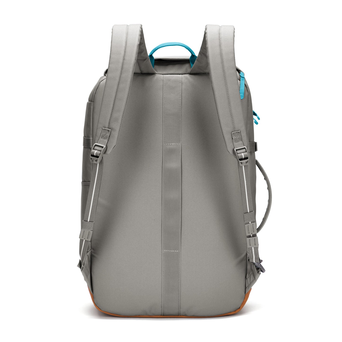 Pacsafe® GO 44L recycled polyester backpack with padded straps, RFID pocket, and top handle, back view.