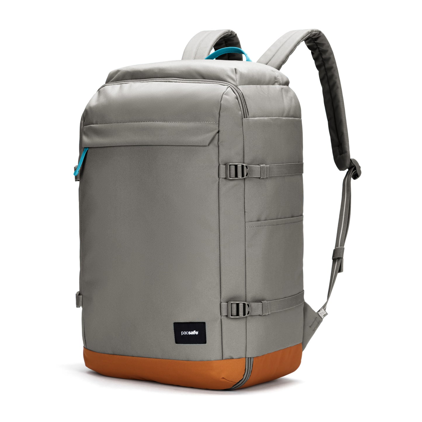 The Pacsafe® GO 44L backpack is grey with orange and blue accents, includes multiple compartments and adjustable straps.