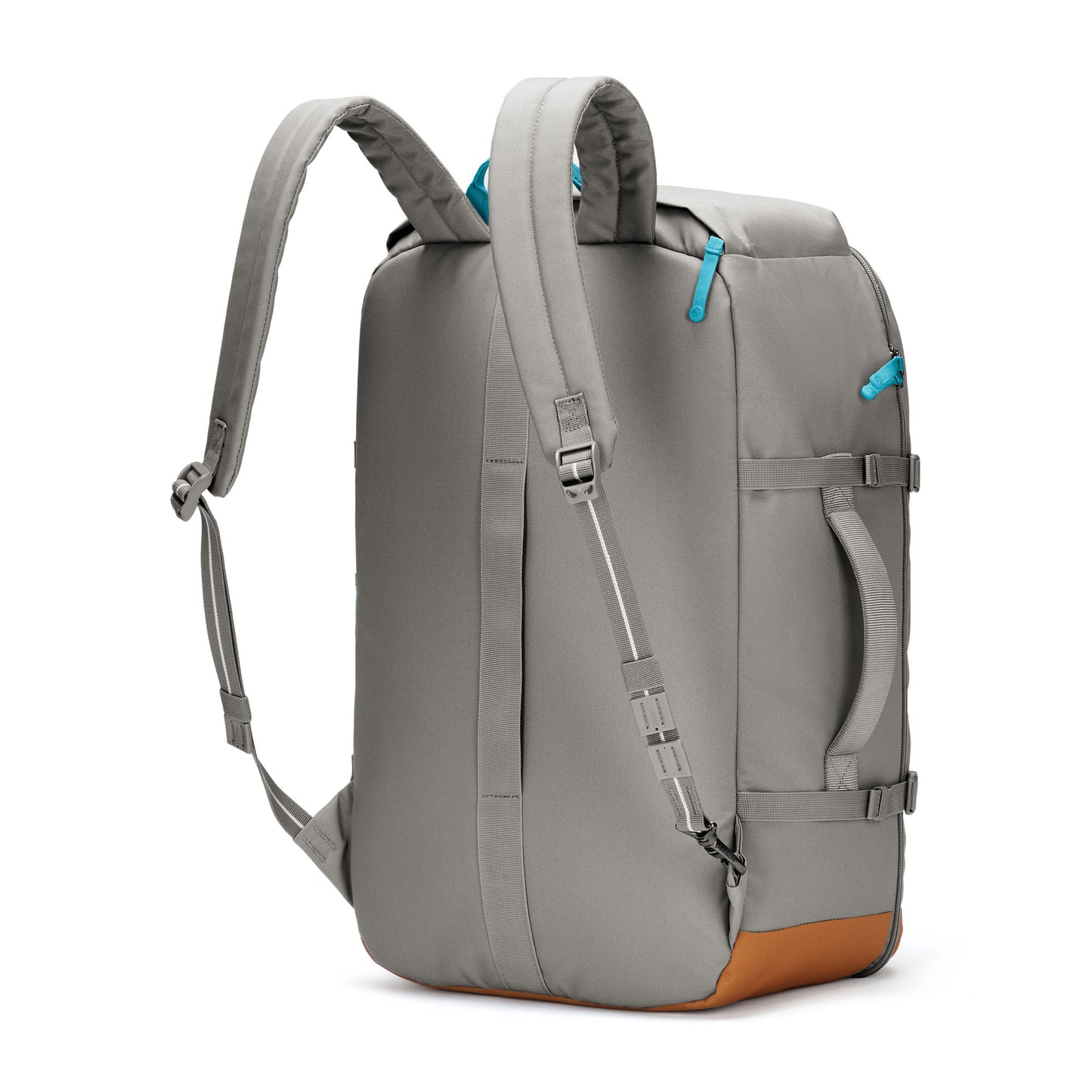 Pacsafe® GO 44L backpack: anti-theft, padded straps, multi-handles, blue accents, RFID-blocking pocket.