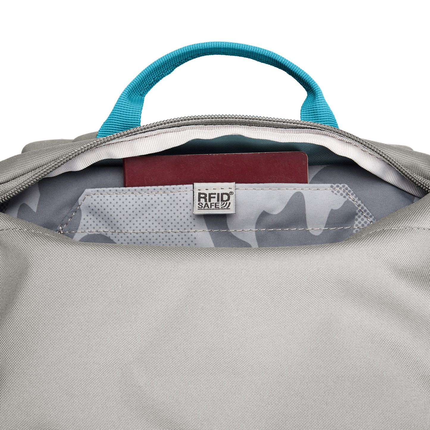 Pacsafe® GO 44L Anti-theft Carry-on Backpack with RFID pocket, maroon passport visible, blue top handle.