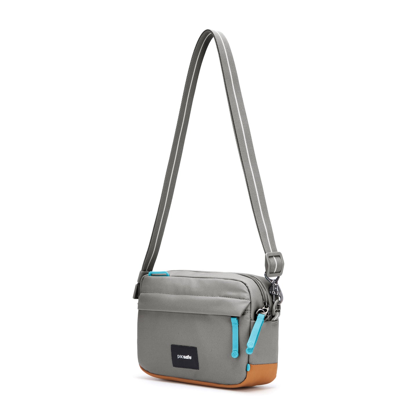 Pacsafe® GO Anti-Theft Crossbody Bag, stone, front angled view with crossbody strap extended
