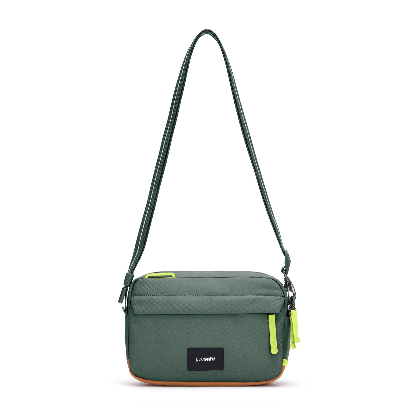 Pacsafe® GO Anti-Theft Crossbody Bag, spruce green, front view with crossbody strap extended