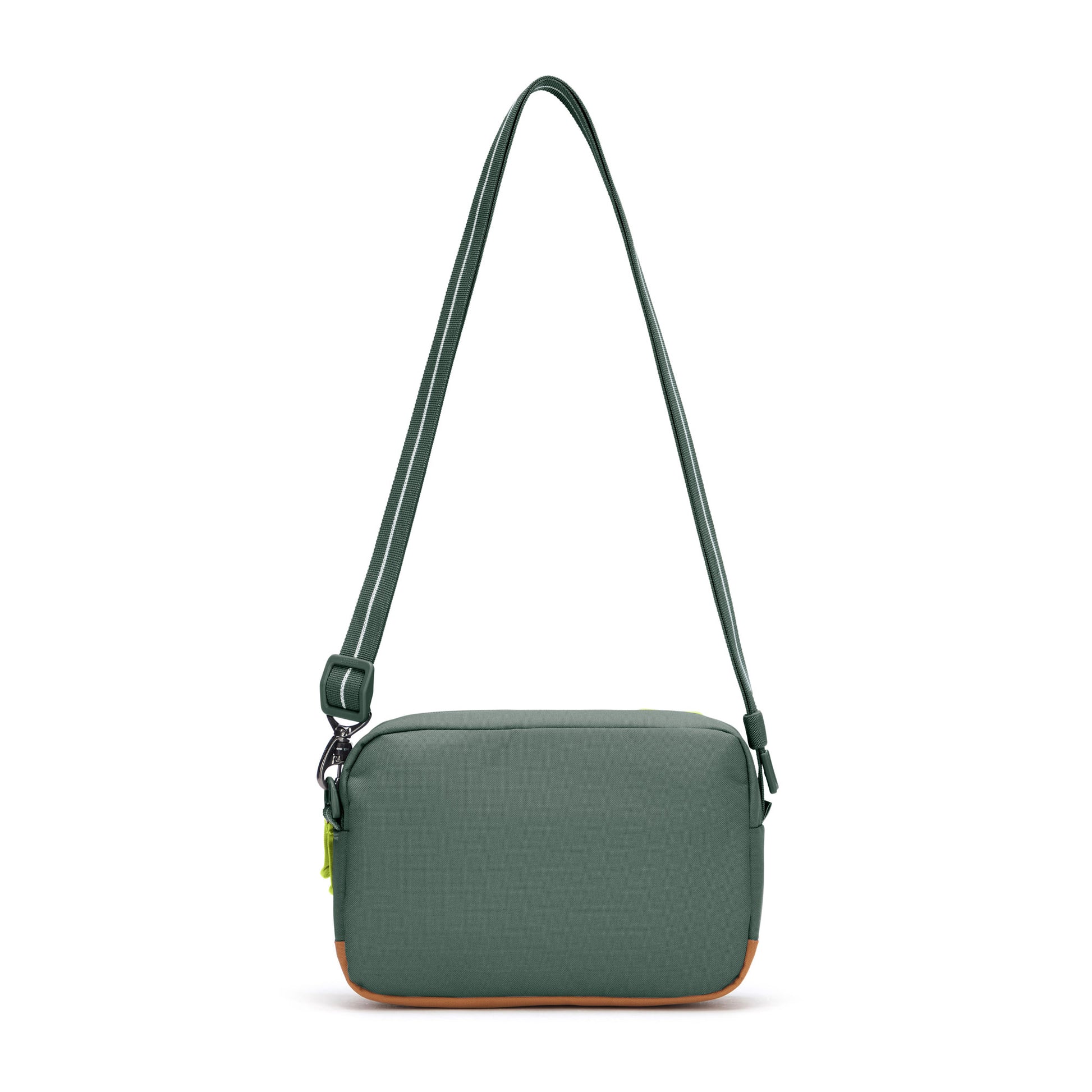 Pacsafe® GO Anti-Theft Crossbody Bag, spruce green, back view with crossbody strap extended