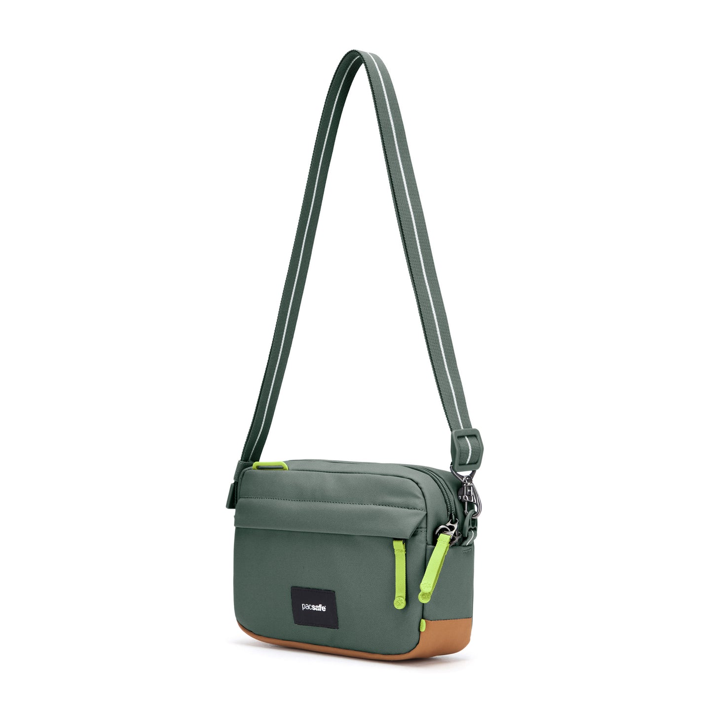 Pacsafe® GO Anti-Theft Crossbody Bag, spruce green, front angled view with crossbody strap extended