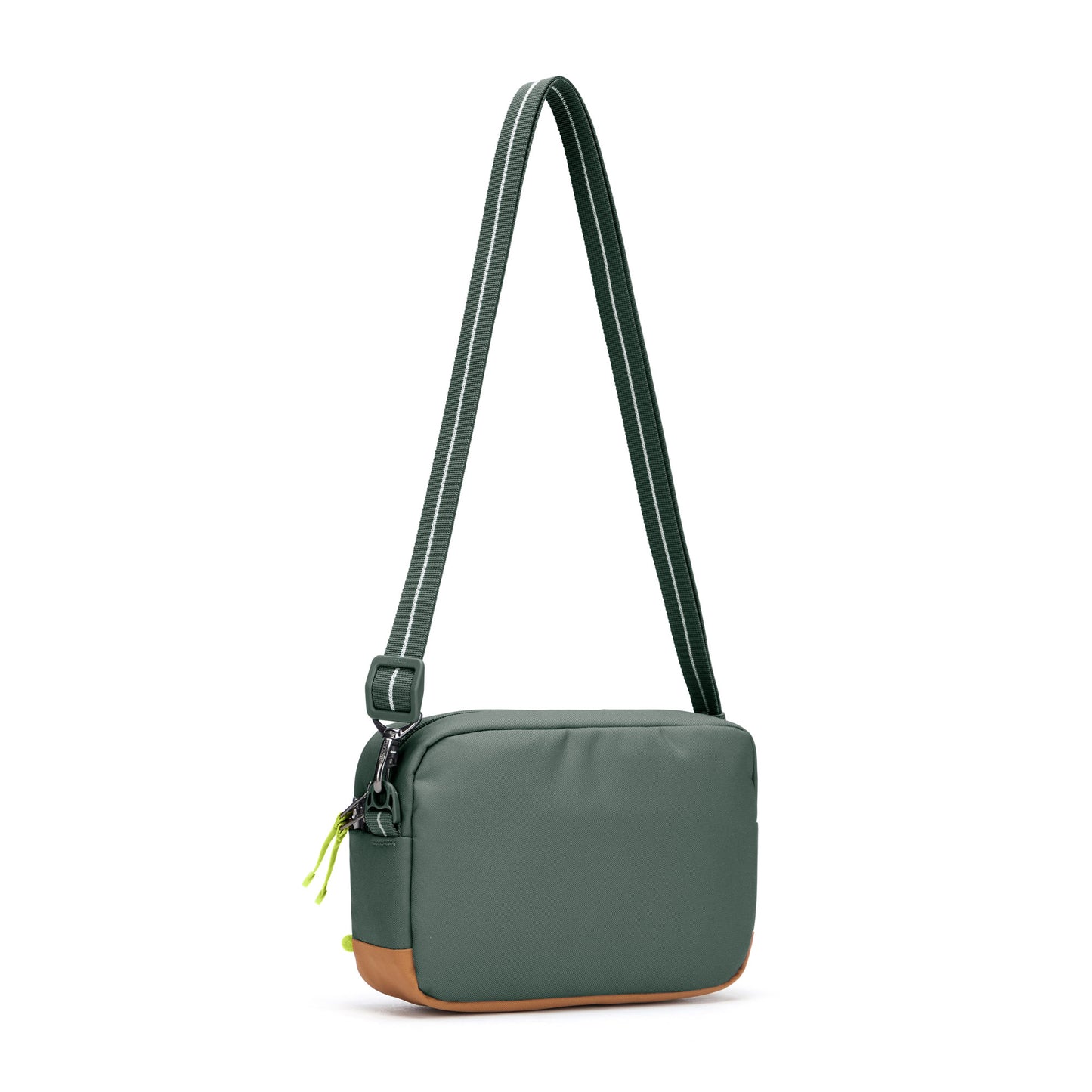 Pacsafe® GO Anti-Theft Crossbody Bag, spruce green, back angled view with crossbody strap extended