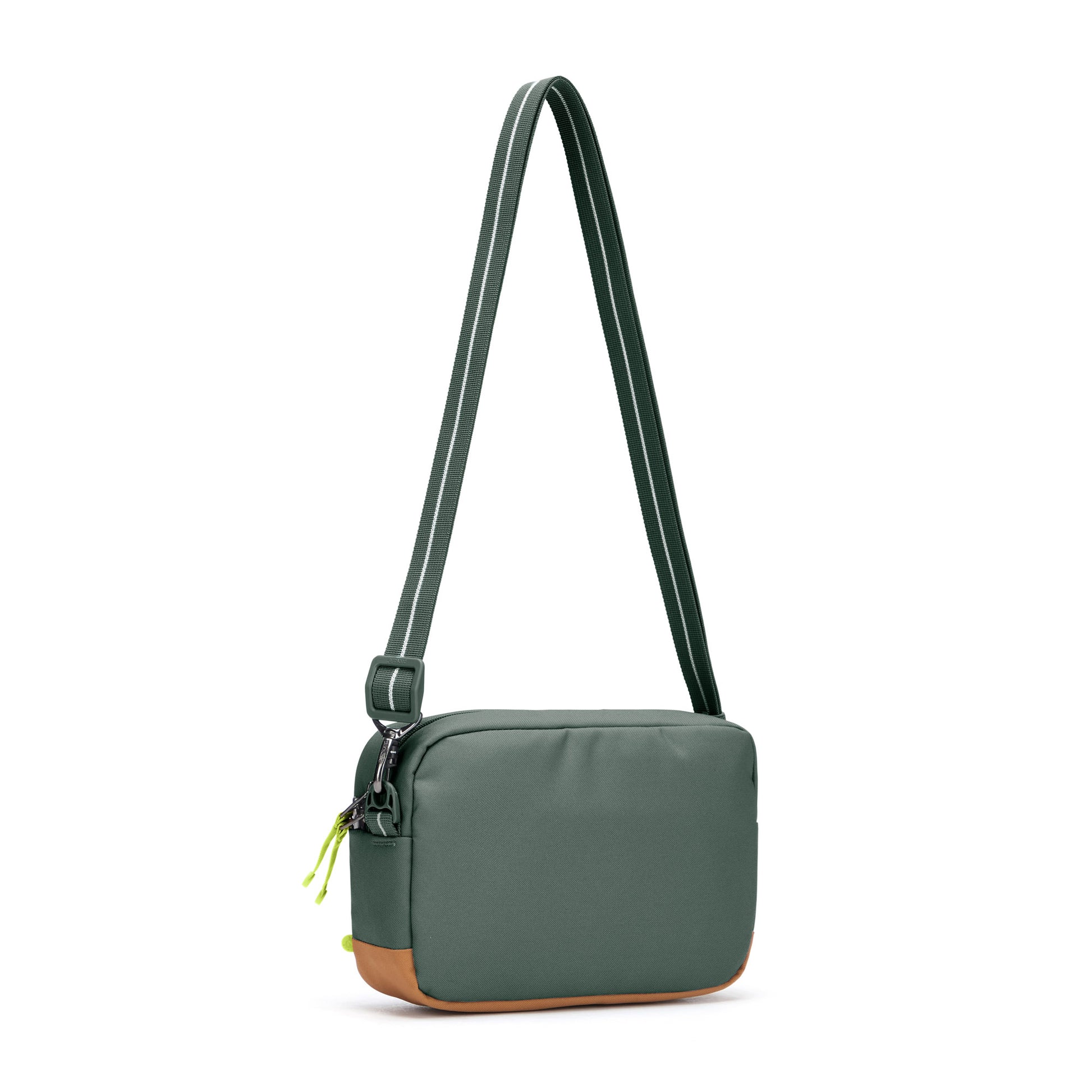 Pacsafe® GO Anti-Theft Crossbody Bag, spruce green, back angled view with crossbody strap extended