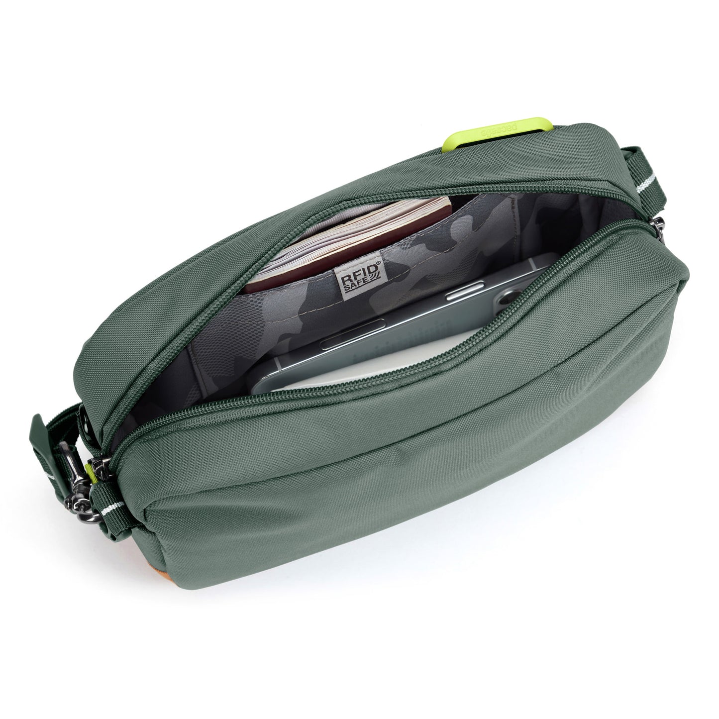 Pacsafe® GO Anti-Theft Crossbody Bag, spruce green, open view