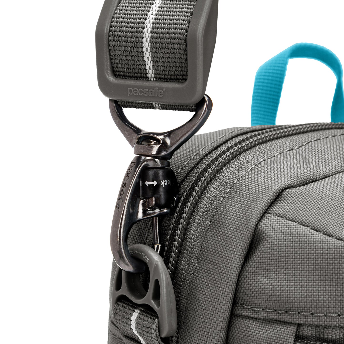 Close up of turn n lock clip on crossbody strap of stone Pacsafe® GO Anti-Theft Festival Crossbody