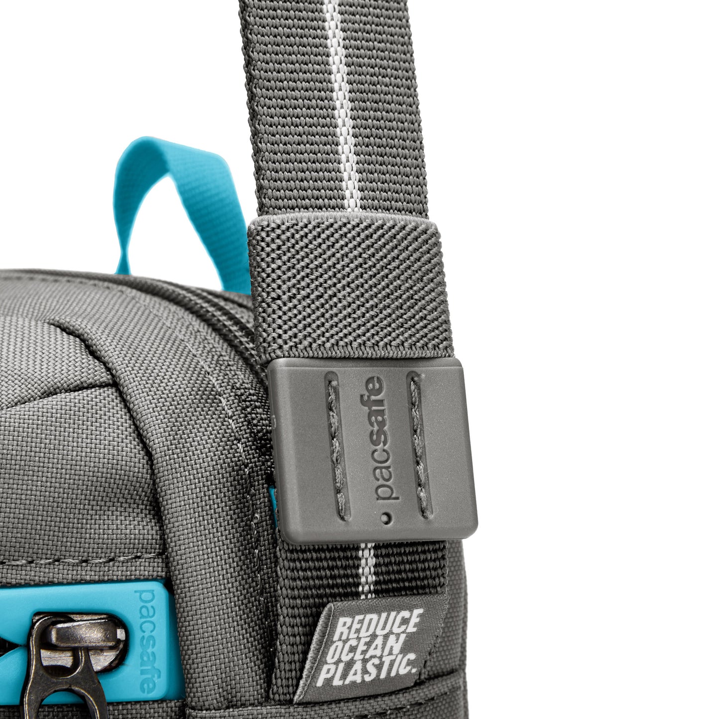 Close up of adjustable crossbody strap on stone Pacsafe® GO Anti-Theft Festival Crossbody