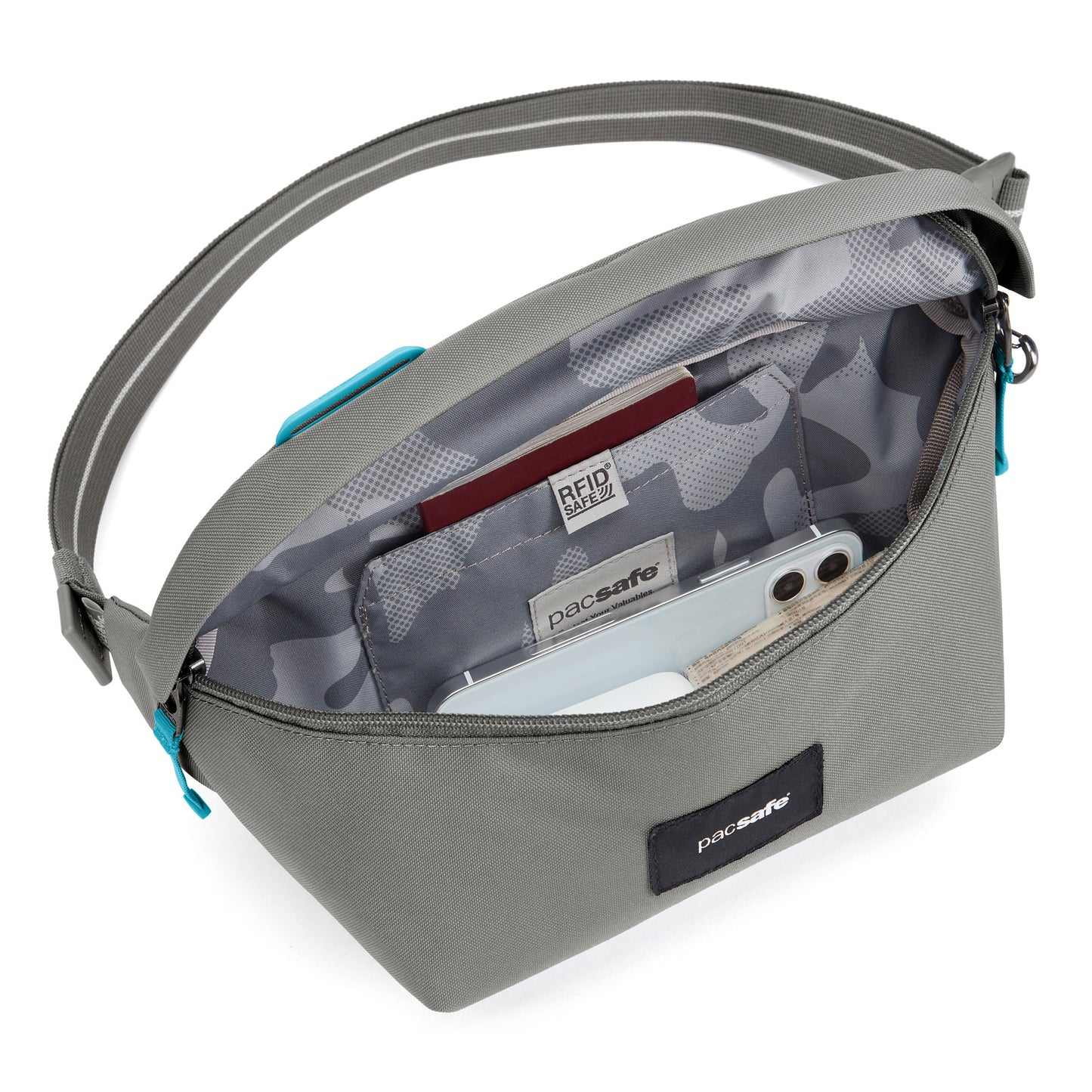 Pacsafe® GO Anti-Theft Sling Pack in stone grey colour inside view with rfid pocket for passport