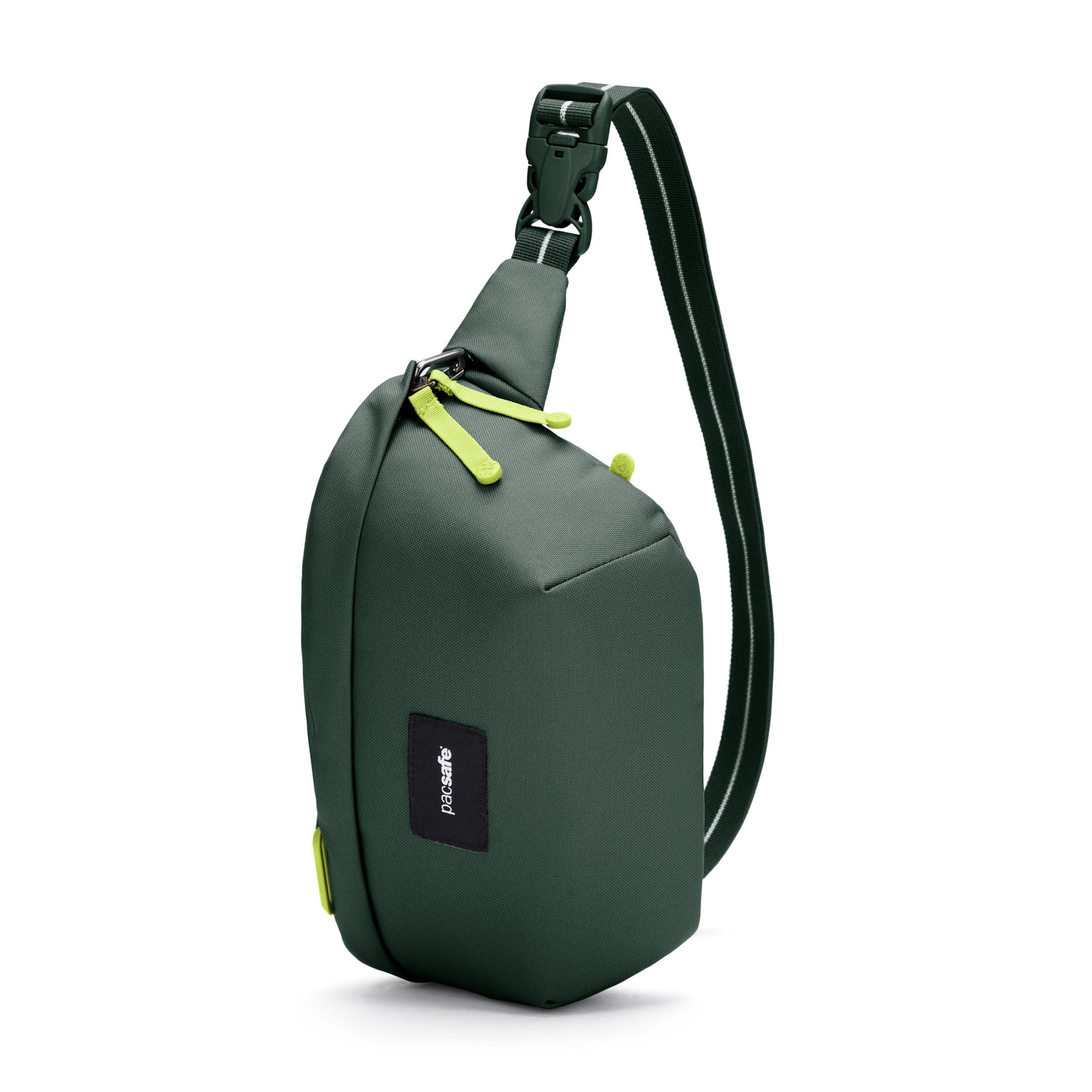 Pacsafe® GO Anti-Theft Sling Pack in spruce green colour side bottom view.