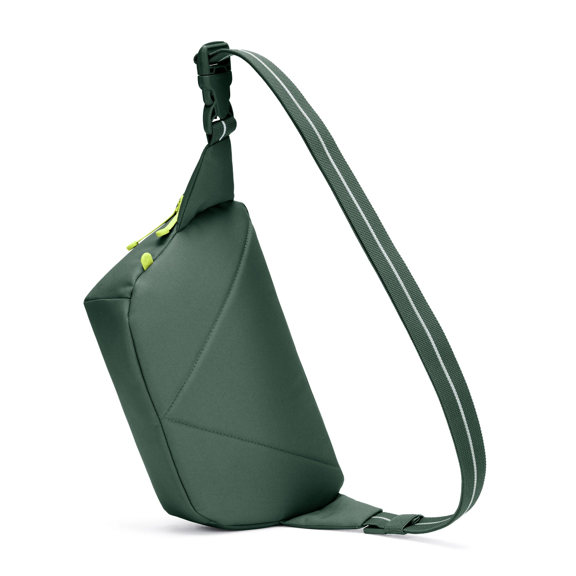Pacsafe® GO Anti-Theft Sling Pack in spruce green colour back angled view.