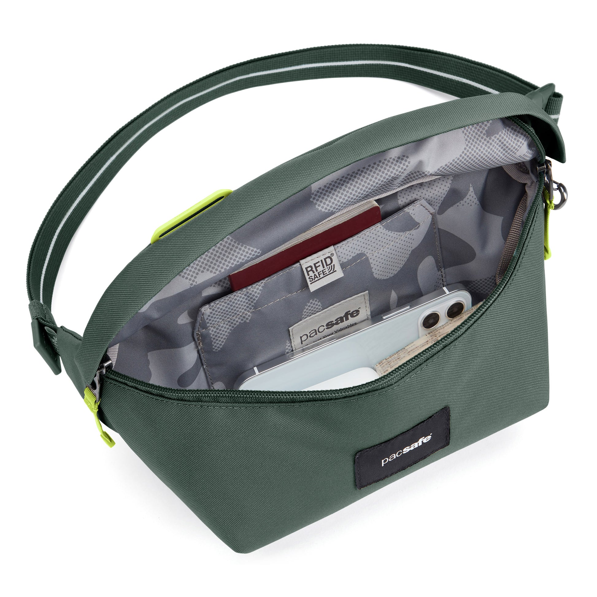 Pacsafe® GO Anti-Theft Sling Pack in spruce green colour inside view with rfid pocket for passport