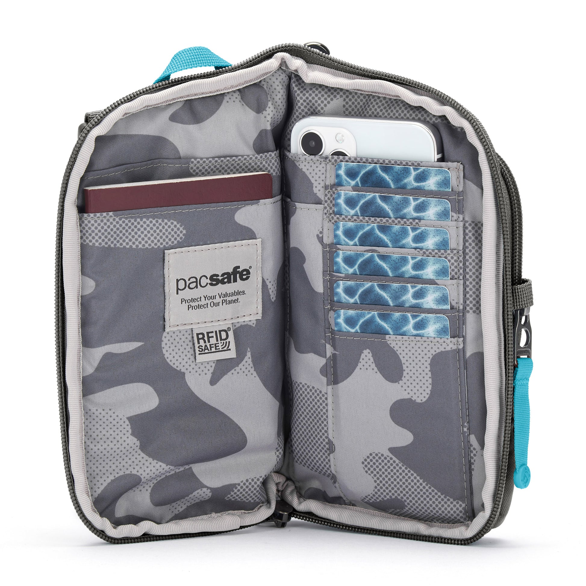 Pacsafe® GO Anti-Theft Tech Crossbody, stone, inside view with phone, passport and cards