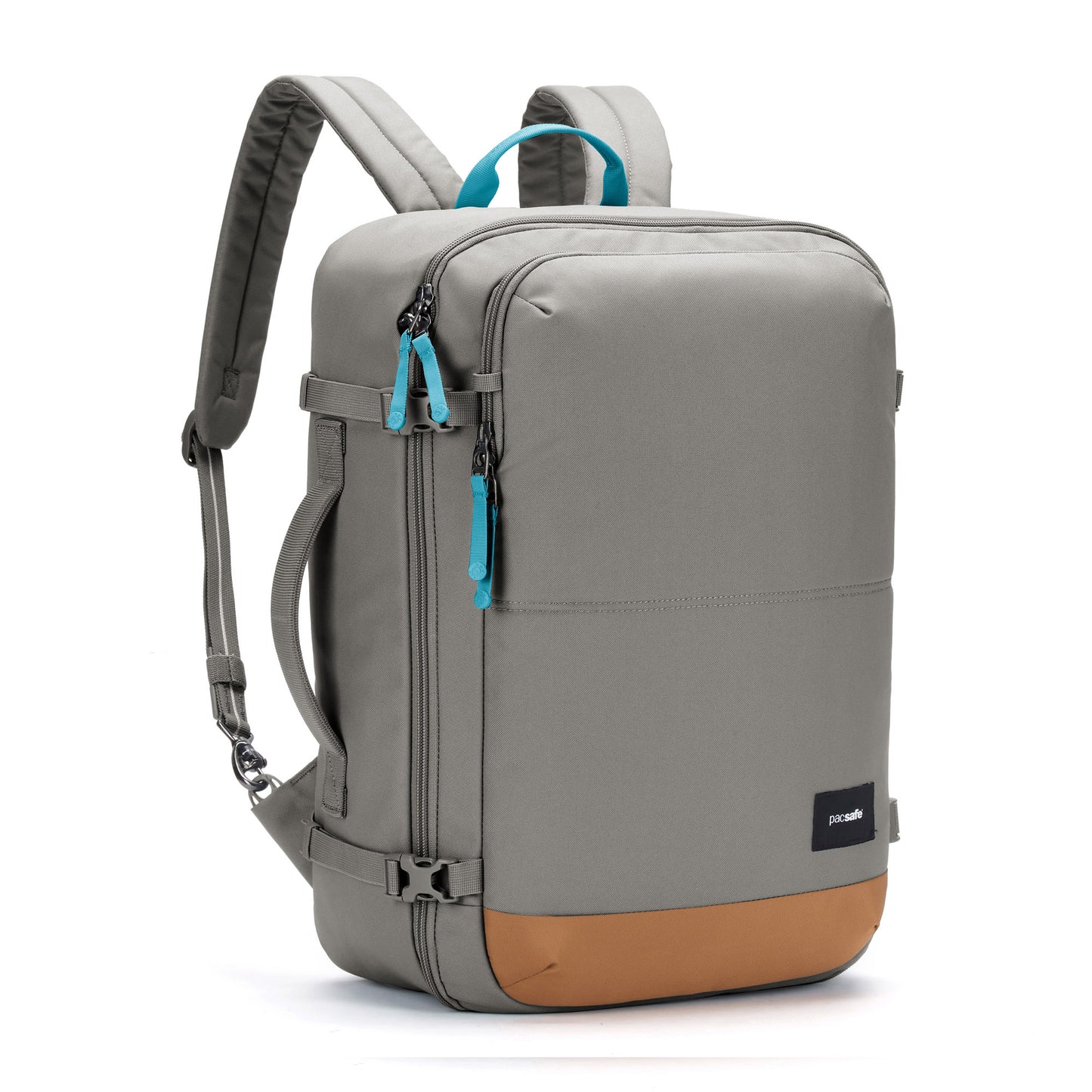 Pacsafe® GO 34L Anti-theft Carry-on Backpack in gray with padded straps, turquoise zippers, and brown accent.