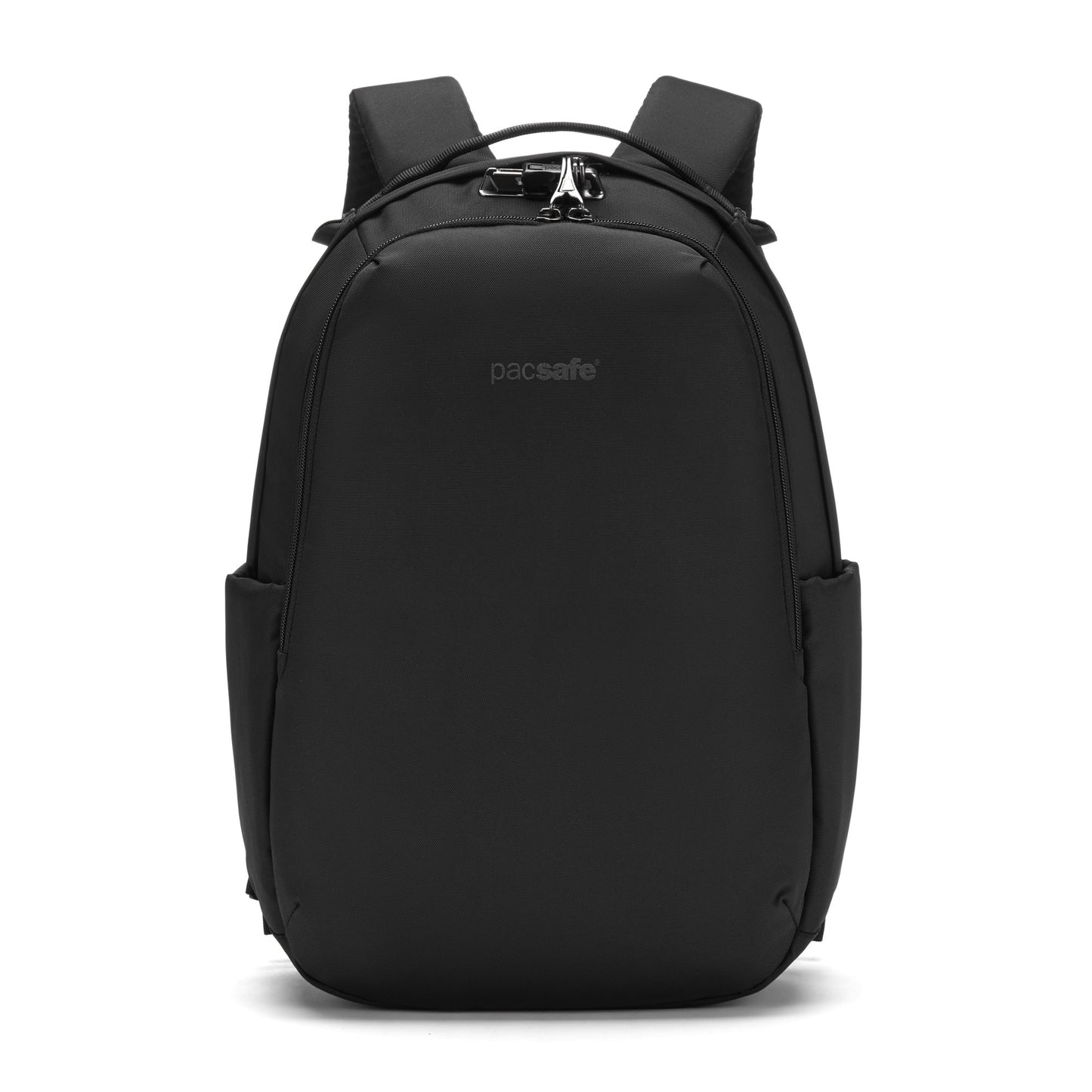 Pacsafe® V 16L anti-theft backpack in black with recycled polyester, padded straps, and side pockets on a white backdrop.