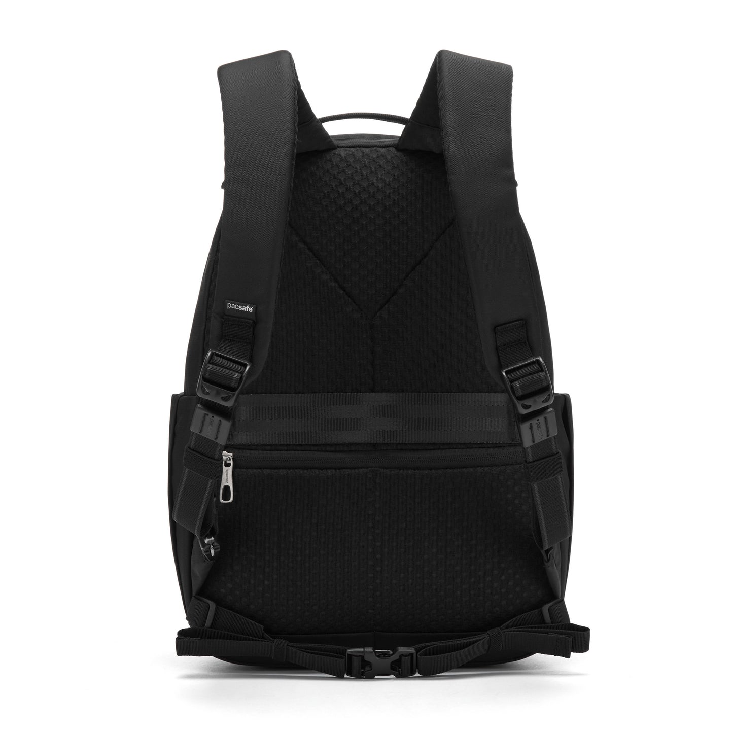 The Pacsafe® V 16L backpack features padded straps, a recycled polyester build, and an anti-theft back pocket.