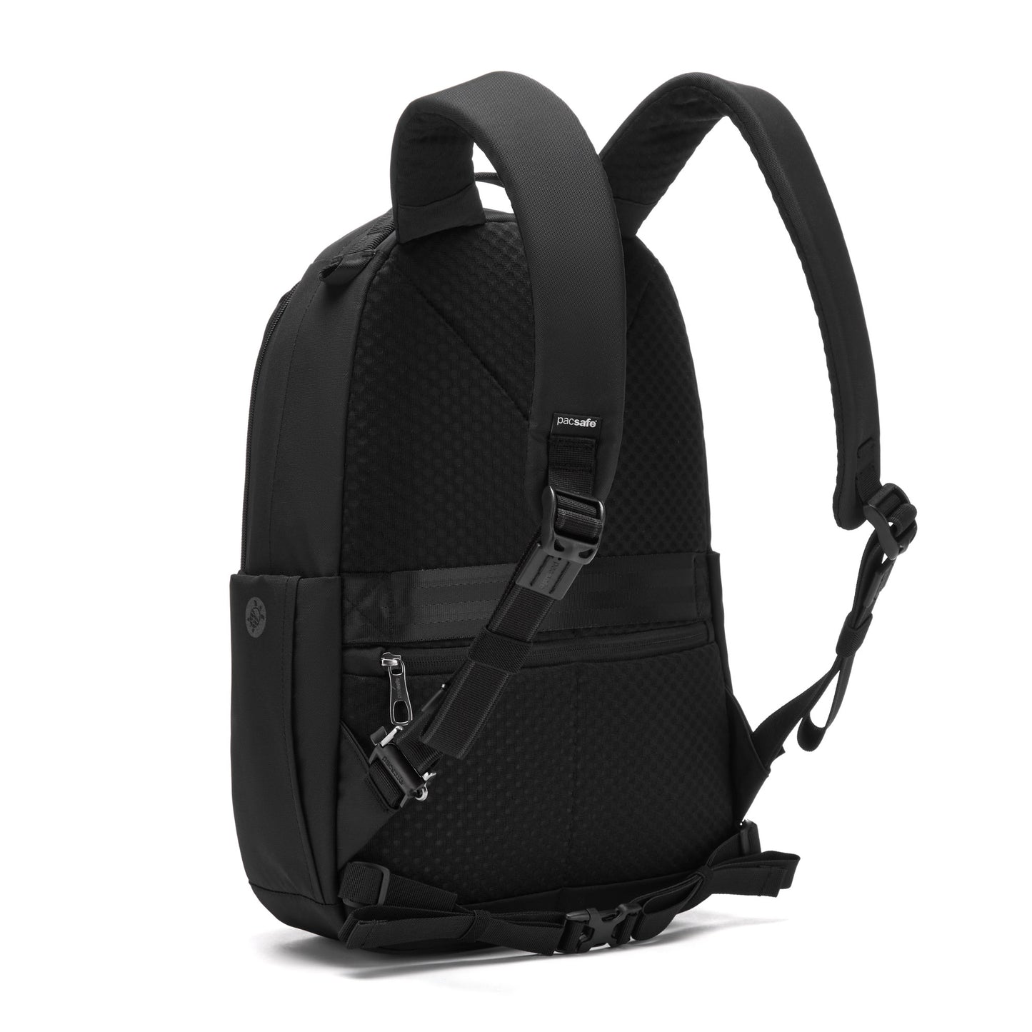 The Pacsafe® V 16L Anti-theft Backpack, black with padded straps, a laptop sleeve, and multiple buckles, shown side angle.