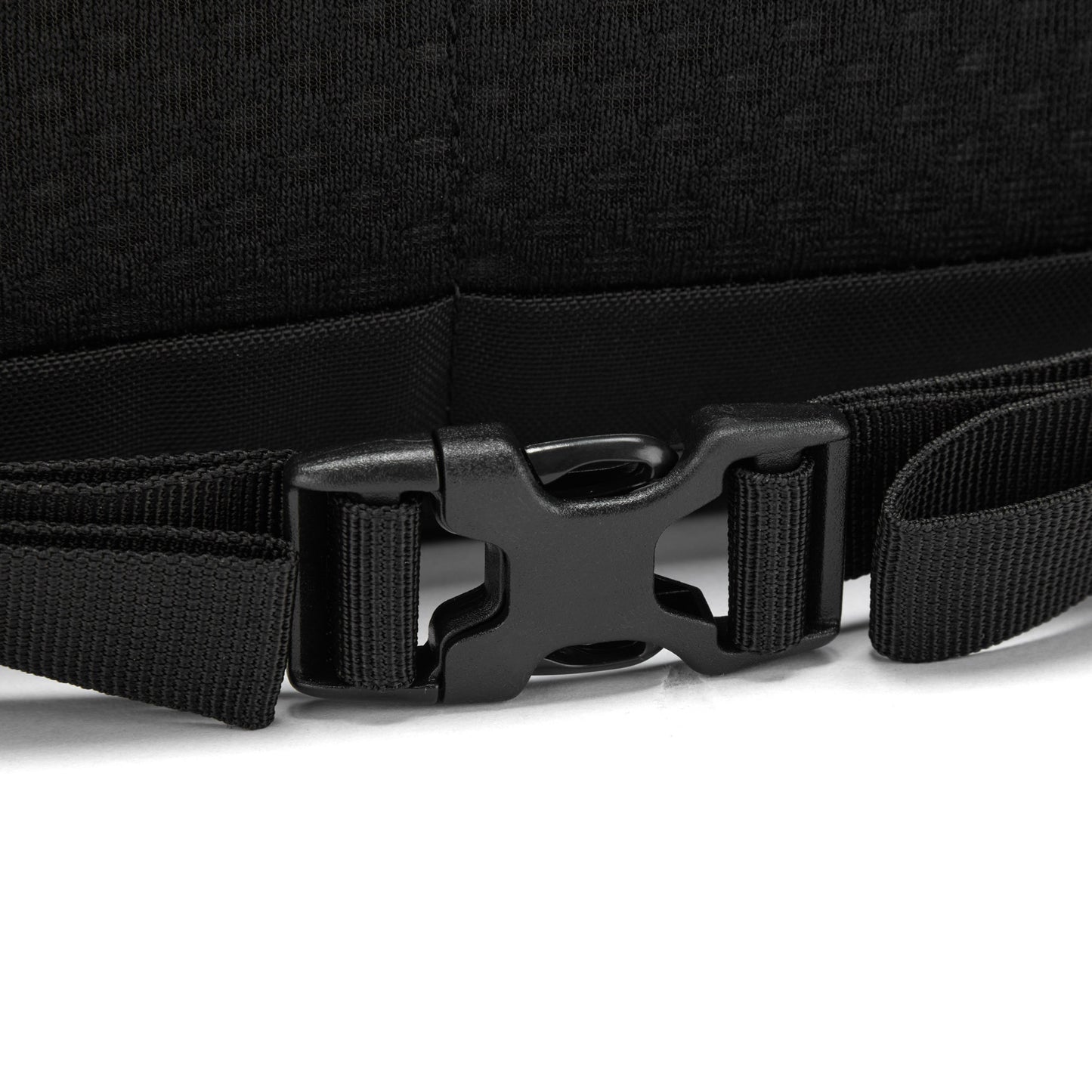 Close up of black strap buckle