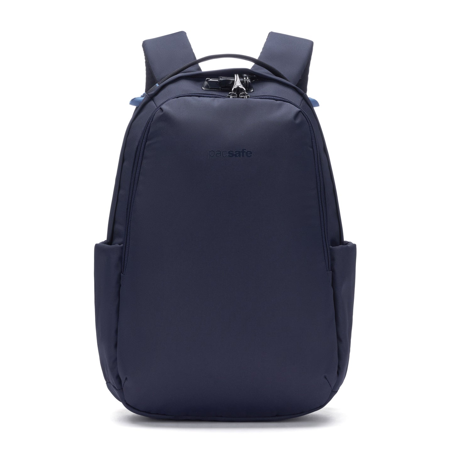 The Pacsafe® V 16L anti-theft backpack in ocean blue with side pockets, padded straps, and a laptop sleeve.