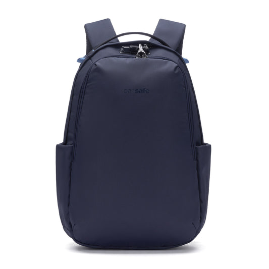 Product Image – The Pacsafe® V 16L anti-theft backpack in ocean blue with side pockets, padded straps, and a laptop sleeve.