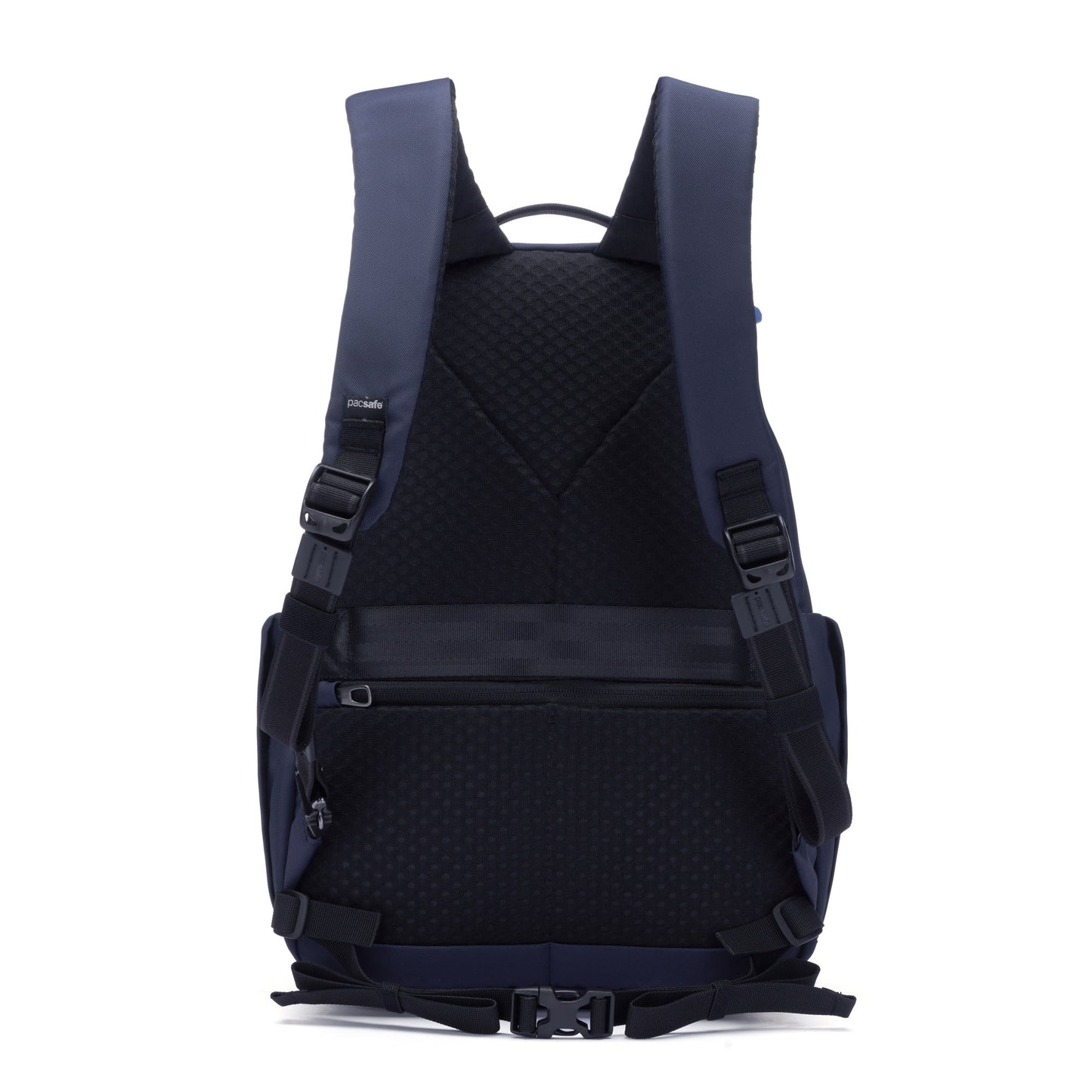 Back view of the ocean Pacsafe® V 16L Anti-theft Backpack with padded straps, laptop sleeve, and buckles.