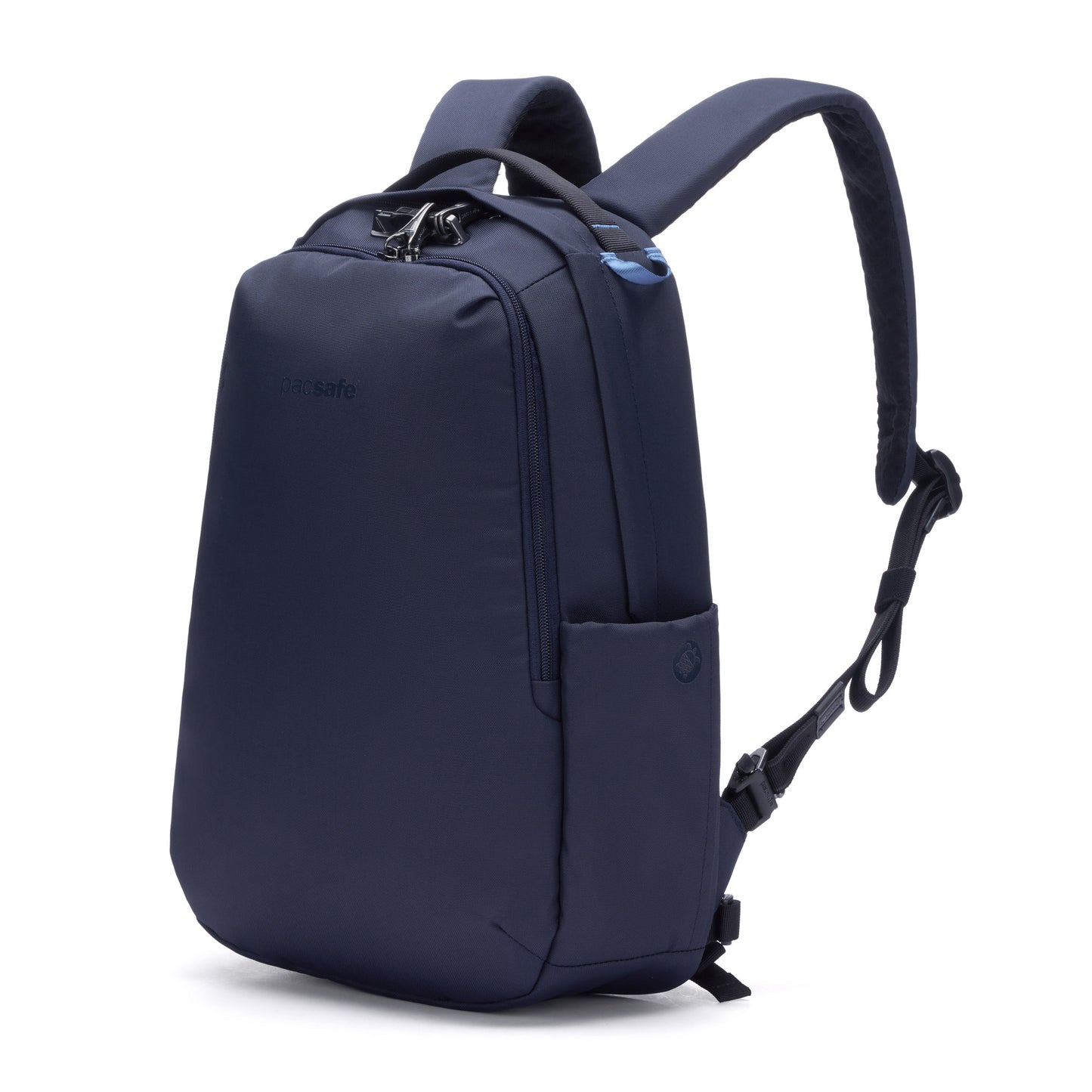 Front angled view of the Pacsafe® V 16L anti-theft backpack in ocean blue with padded straps, laptop sleeve, and compartments.