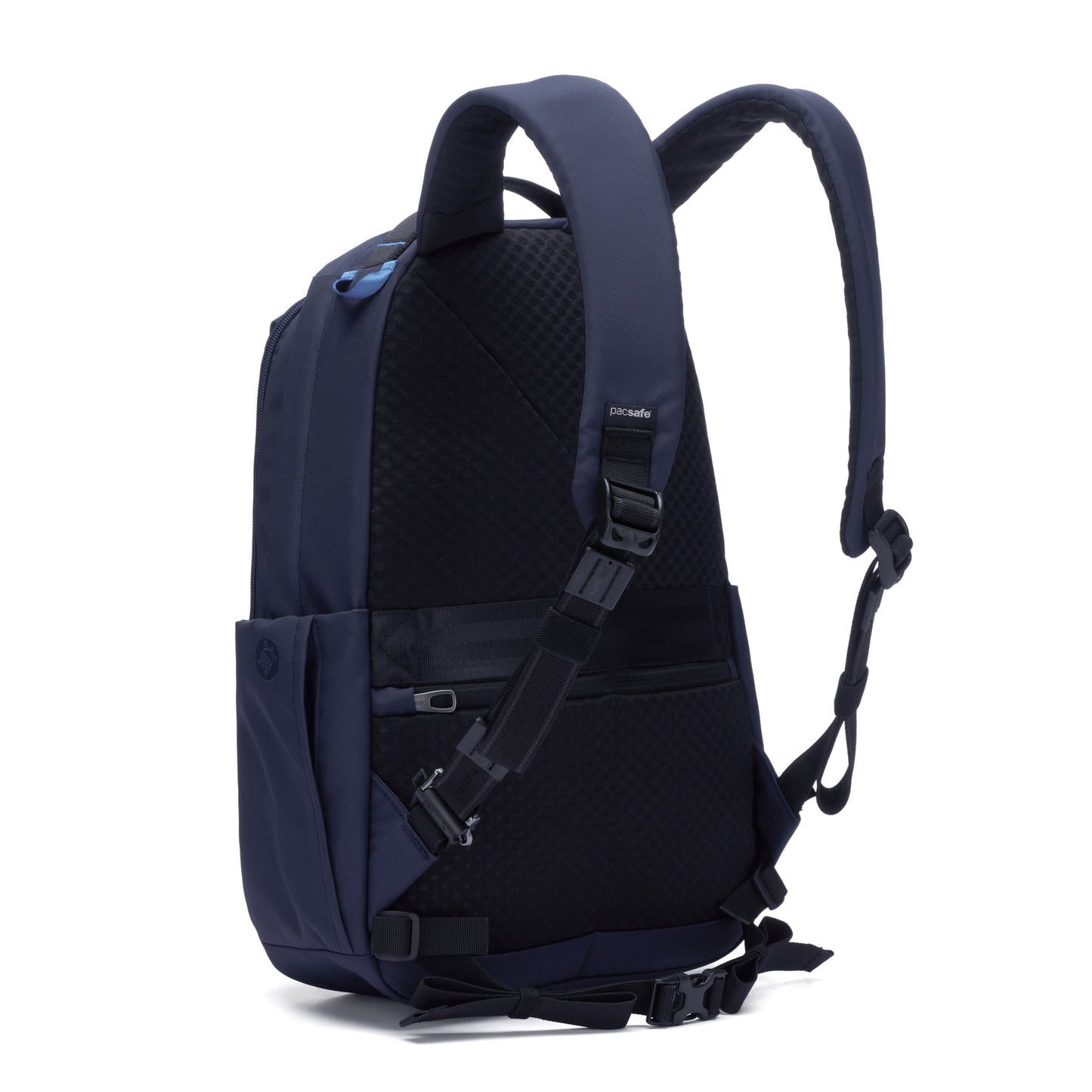 Back angled view of ocean Pacsafe® V 16L anti-theft backpack with padded straps, side pockets, and a waist strap.