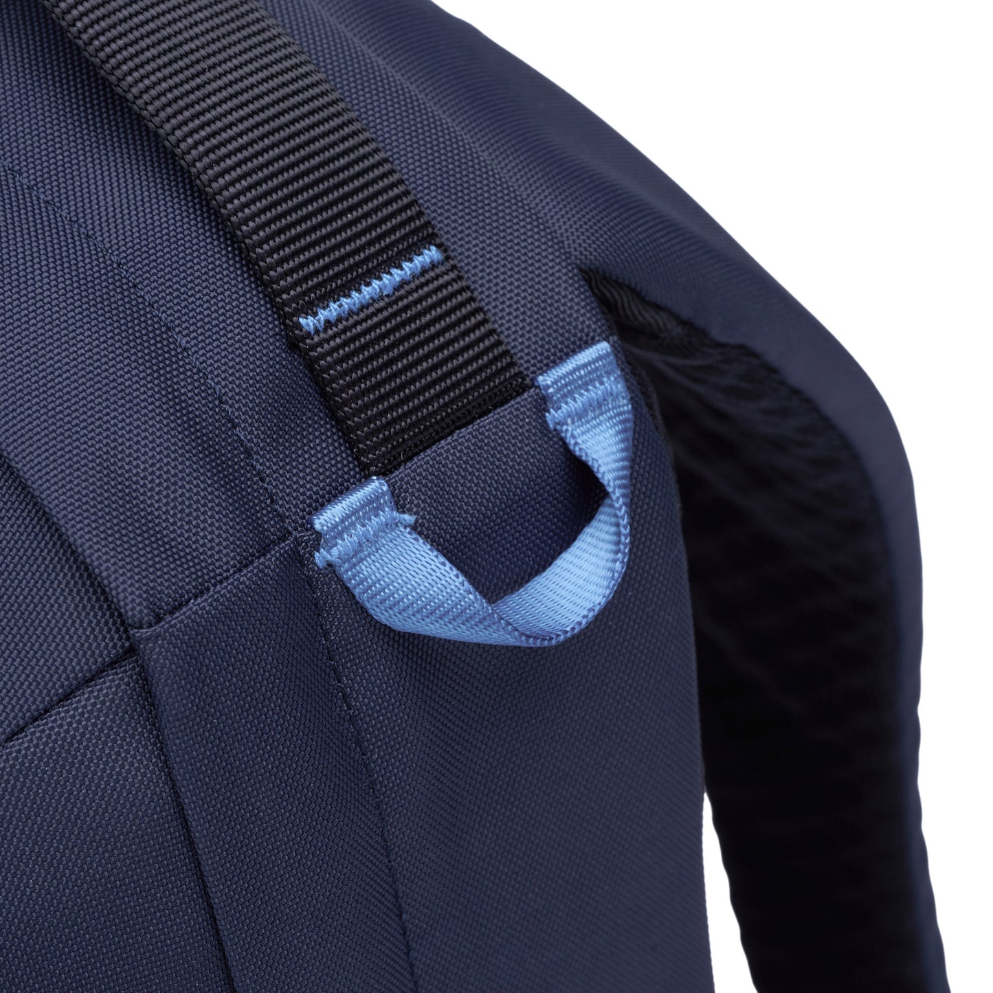 Close-up of the ocean Pacsafe® V 16L Backpack—black strap, light blue loop.