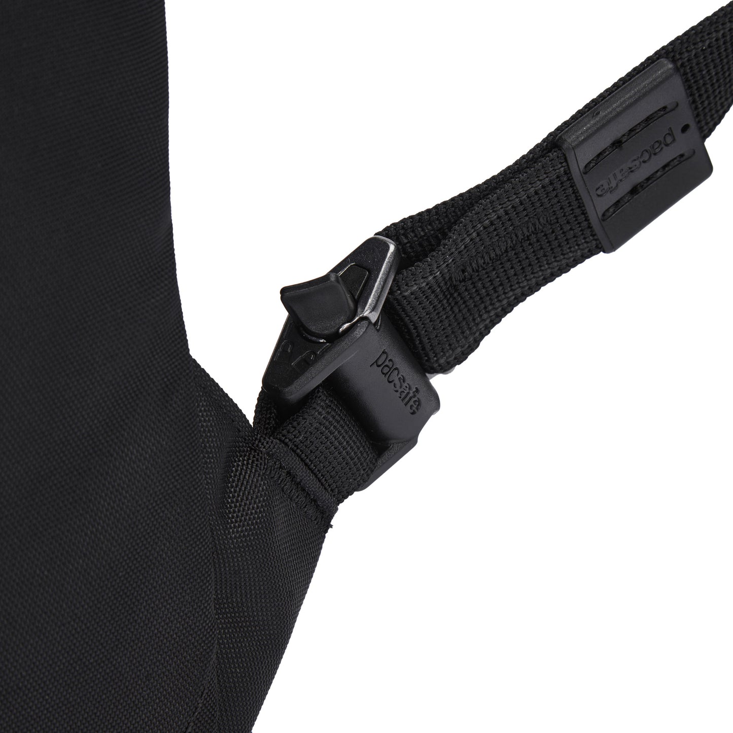 Close-up of Pacsafe® V 20L Anti-theft City Backpack strap with side-release buckle and stitching detail.