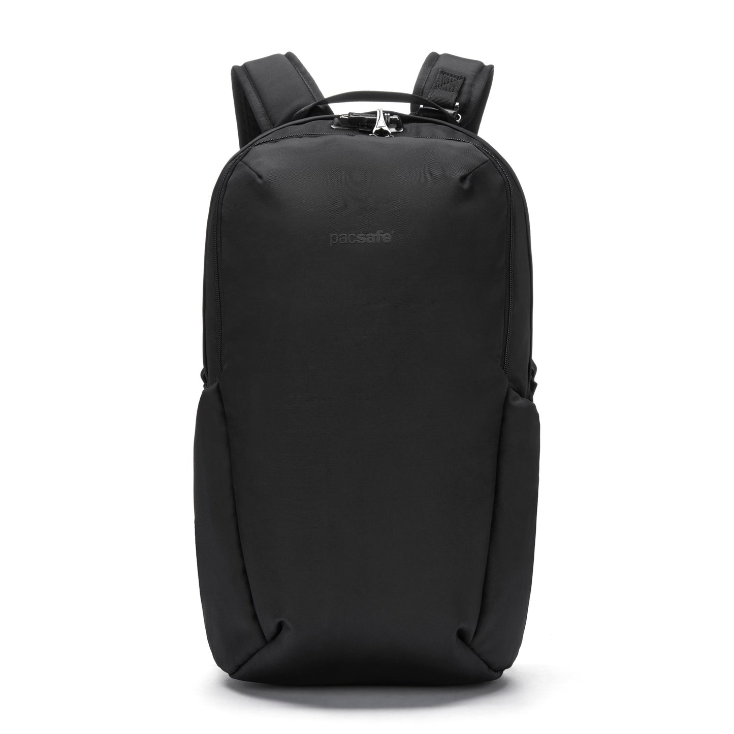 A Pacsafe® V 24L black anti-theft backpack with minimalist design, padded straps, and laptop sleeve.