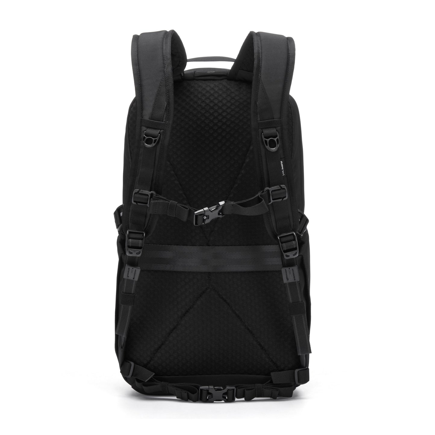 Pacsafe® V 24L Anti-theft Active Backpack with padded straps, buckles, and a laptop sleeve, back view.