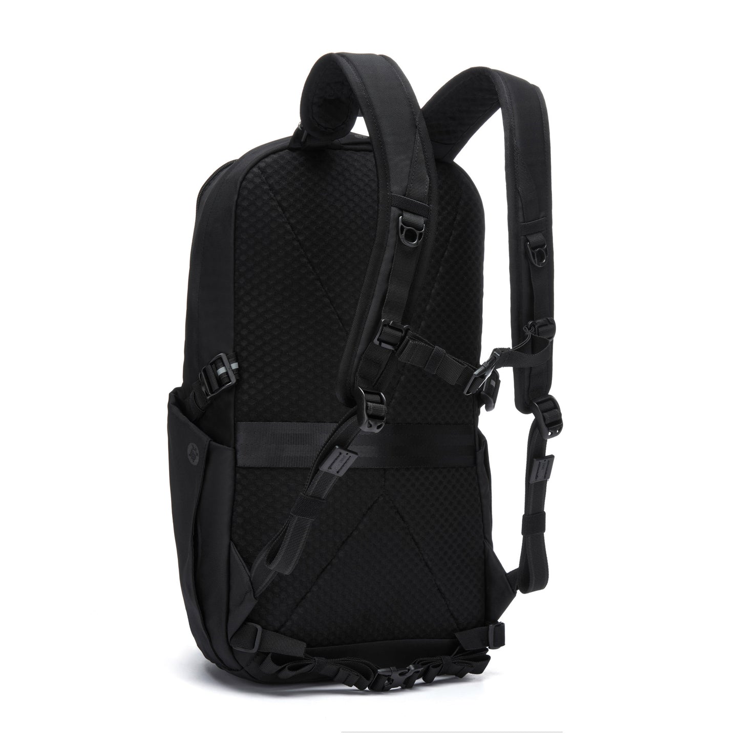 Pacsafe® V 24L Anti-theft Active Backpack shown from the back, features padded straps, laptop sleeve, and side pocket.