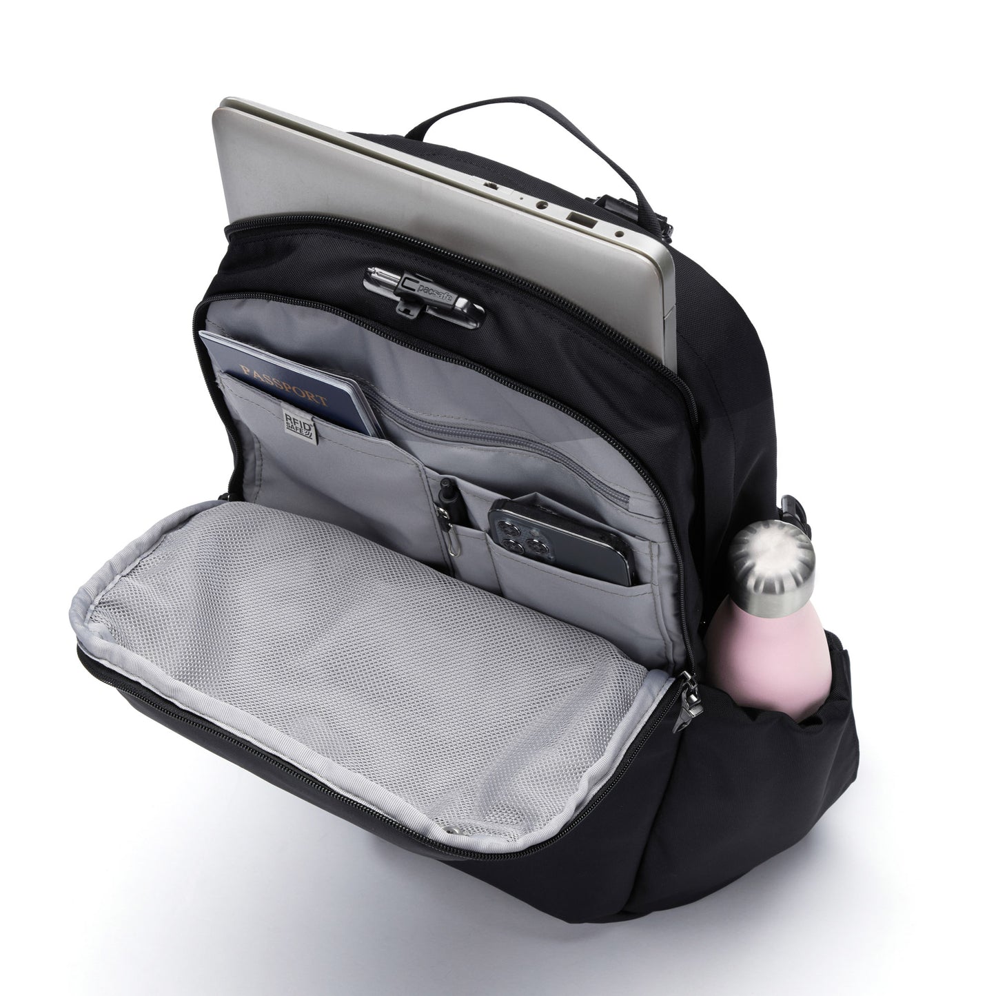 Open your Pacsafe® V 24L Anti-theft Active Backpack with a laptop sleeve, water bottle, and organized pockets.