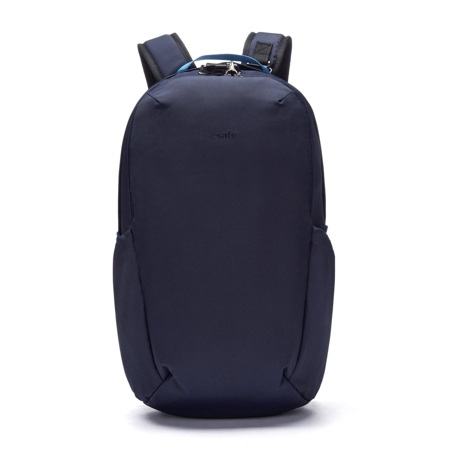 The Pacsafe® V 24L Anti-theft Active Backpack in ocean blue with a laptop sleeve, padded straps, and sleek design.