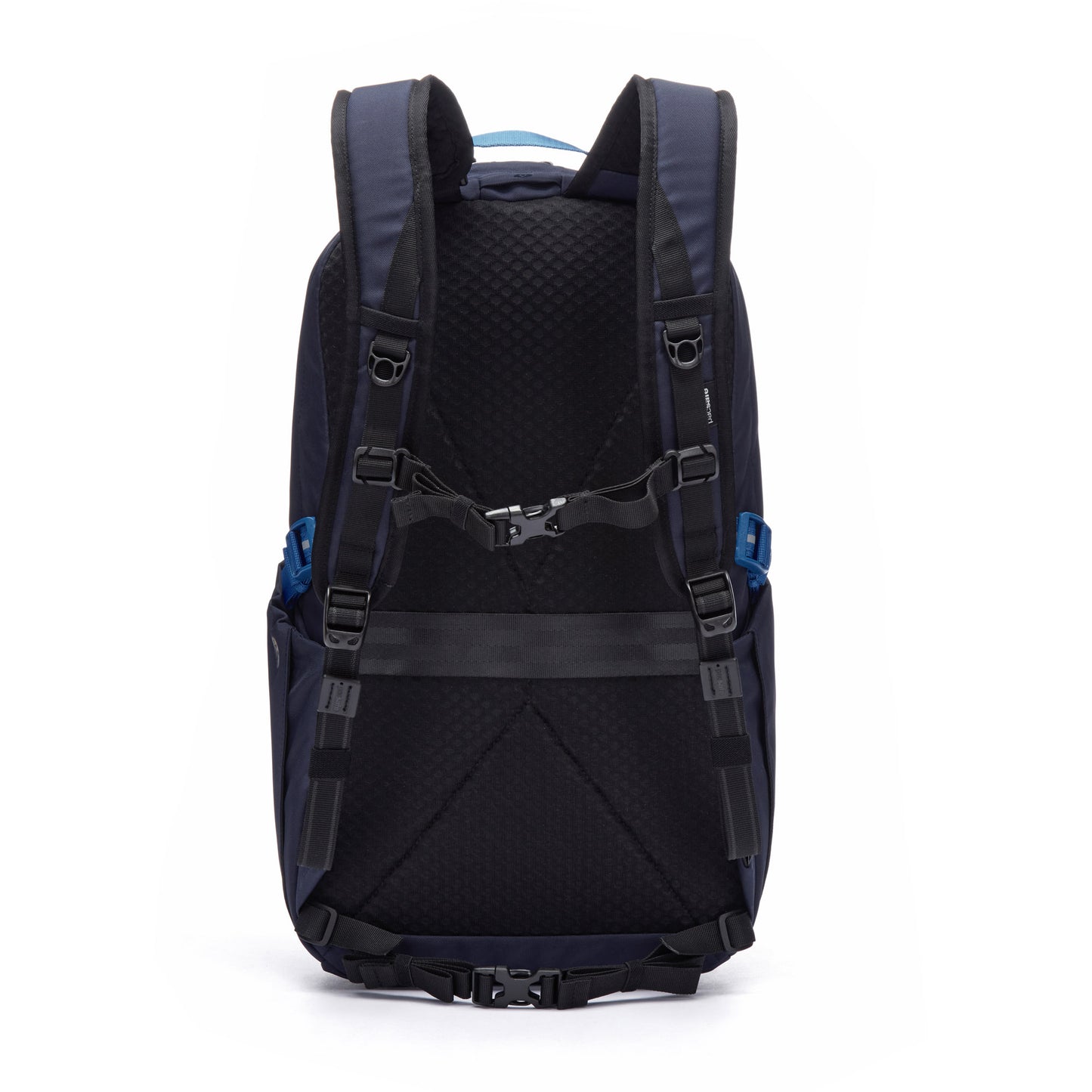 Pacsafe® V 24L Anti-theft Active Backpack, black with laptop sleeve, padded and adjustable straps, chest buckle.
