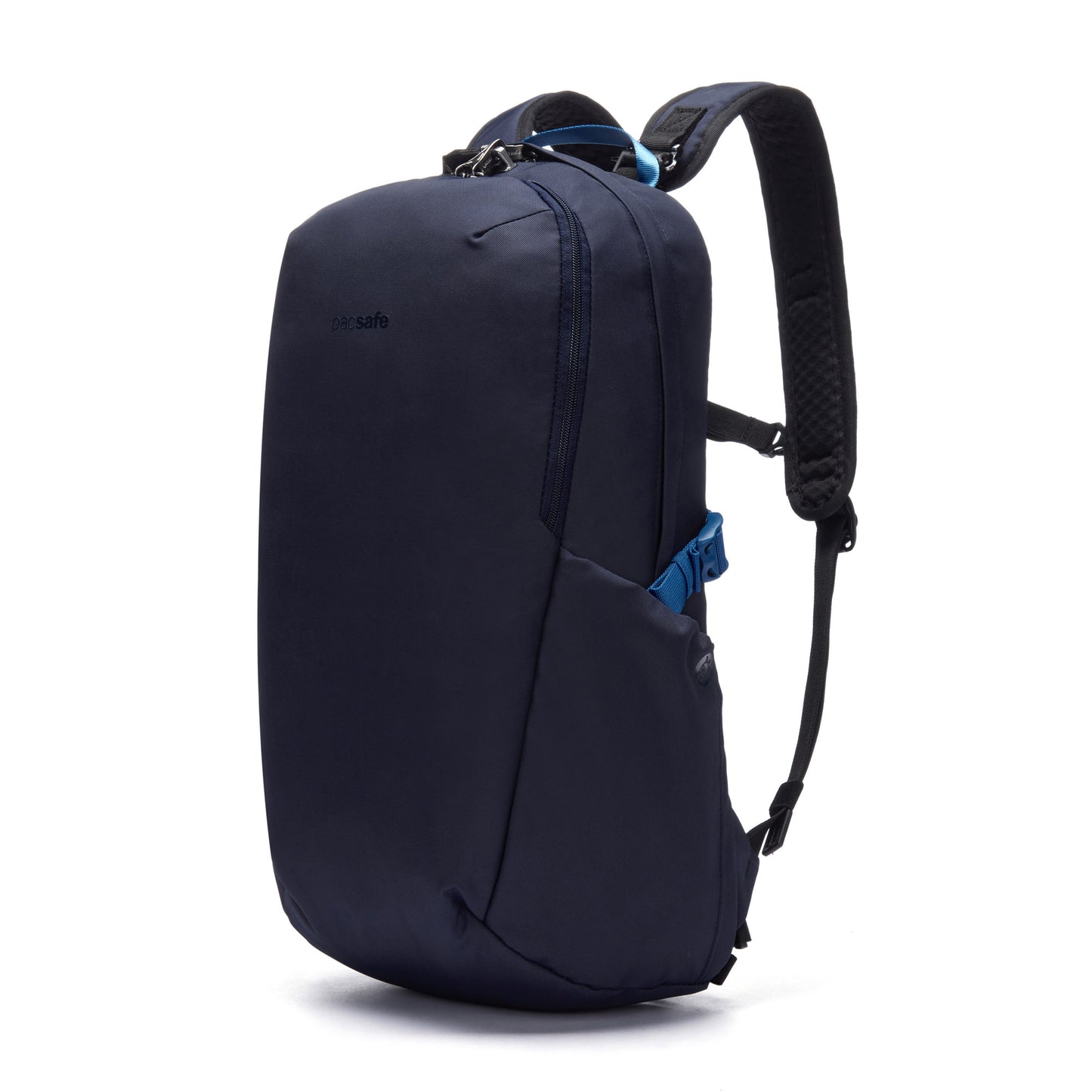Pacsafe® V 24L Anti-theft Active Backpack: ocean blue, sleek design, black straps, laptop sleeve, side buckle.