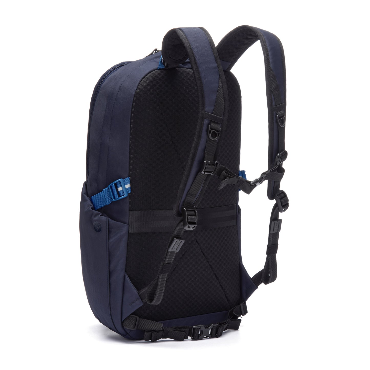 Pacsafe® V 24L Backpack in ocean blue, featuring a laptop sleeve, padded straps, and central back panel.