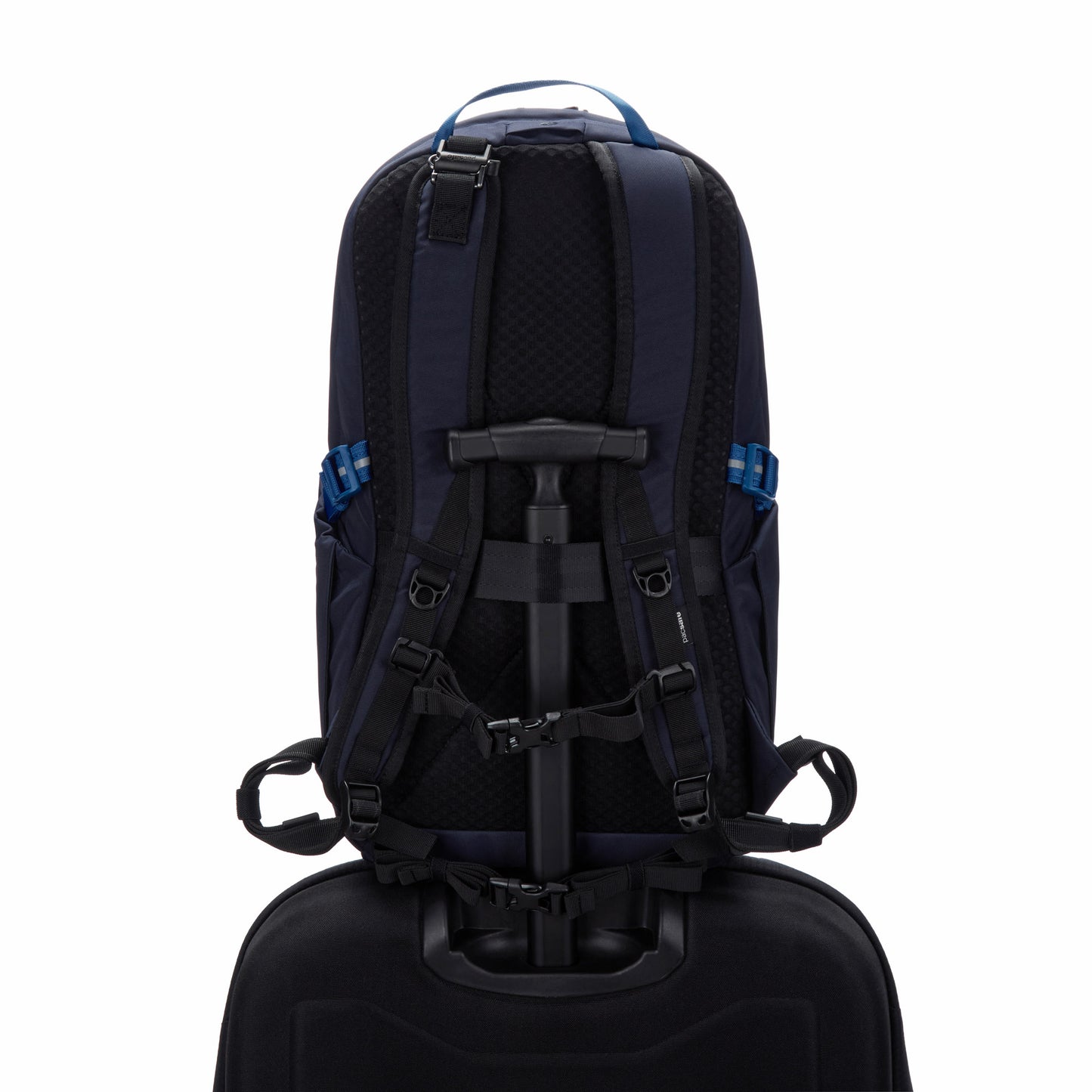 Pacsafe® V 24L Anti-theft Active Backpack on suitcase handle, with adjustable straps & laptop sleeve.