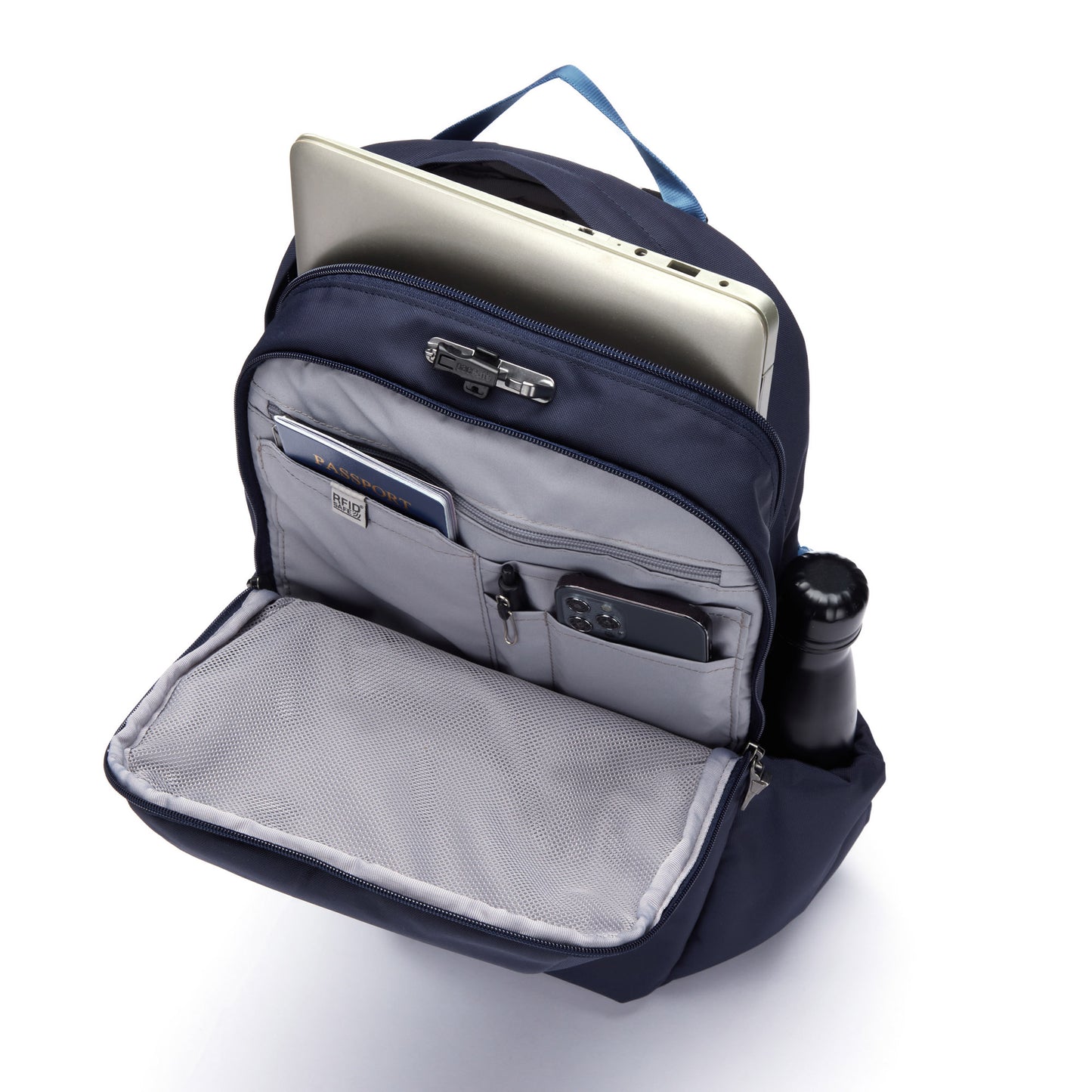 Pacsafe® V 24L Anti-theft Active Backpack: Laptop sleeve, water bottle, smartphone pockets, recycled polyester.