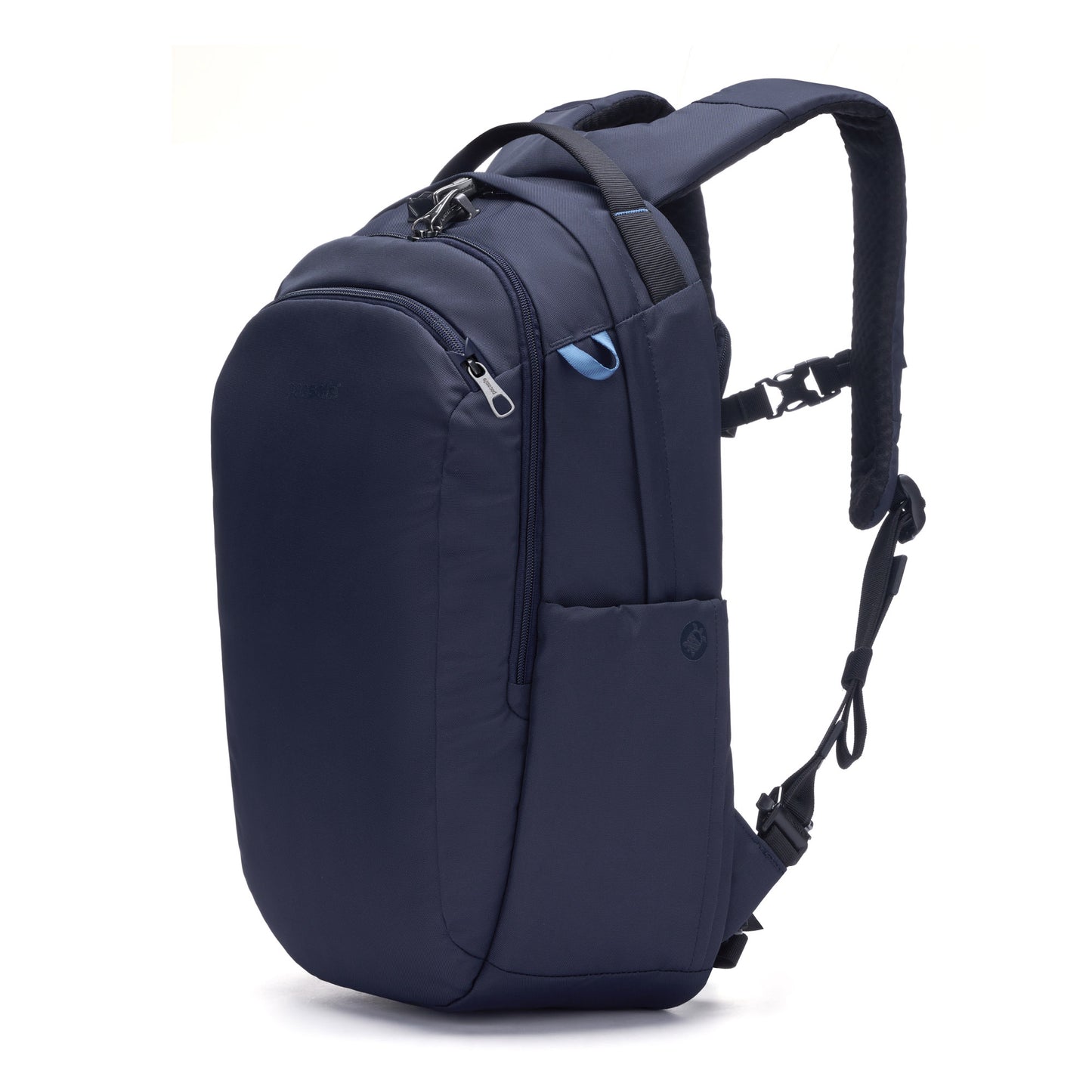 Pacsafe® V 26L ocean anti-theft backpack with multiple zippers and padded straps against a white background.