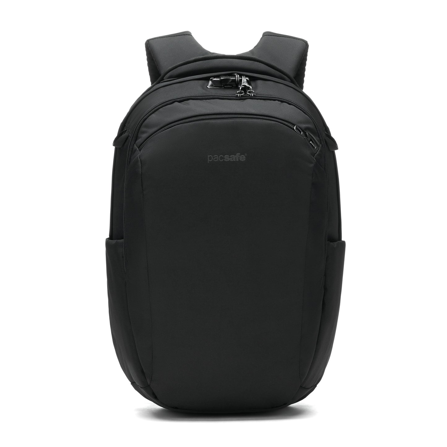 Pacsafe® V 26L Anti-theft Tour Backpack in black, made from recycled polyester, features multiple compartments.