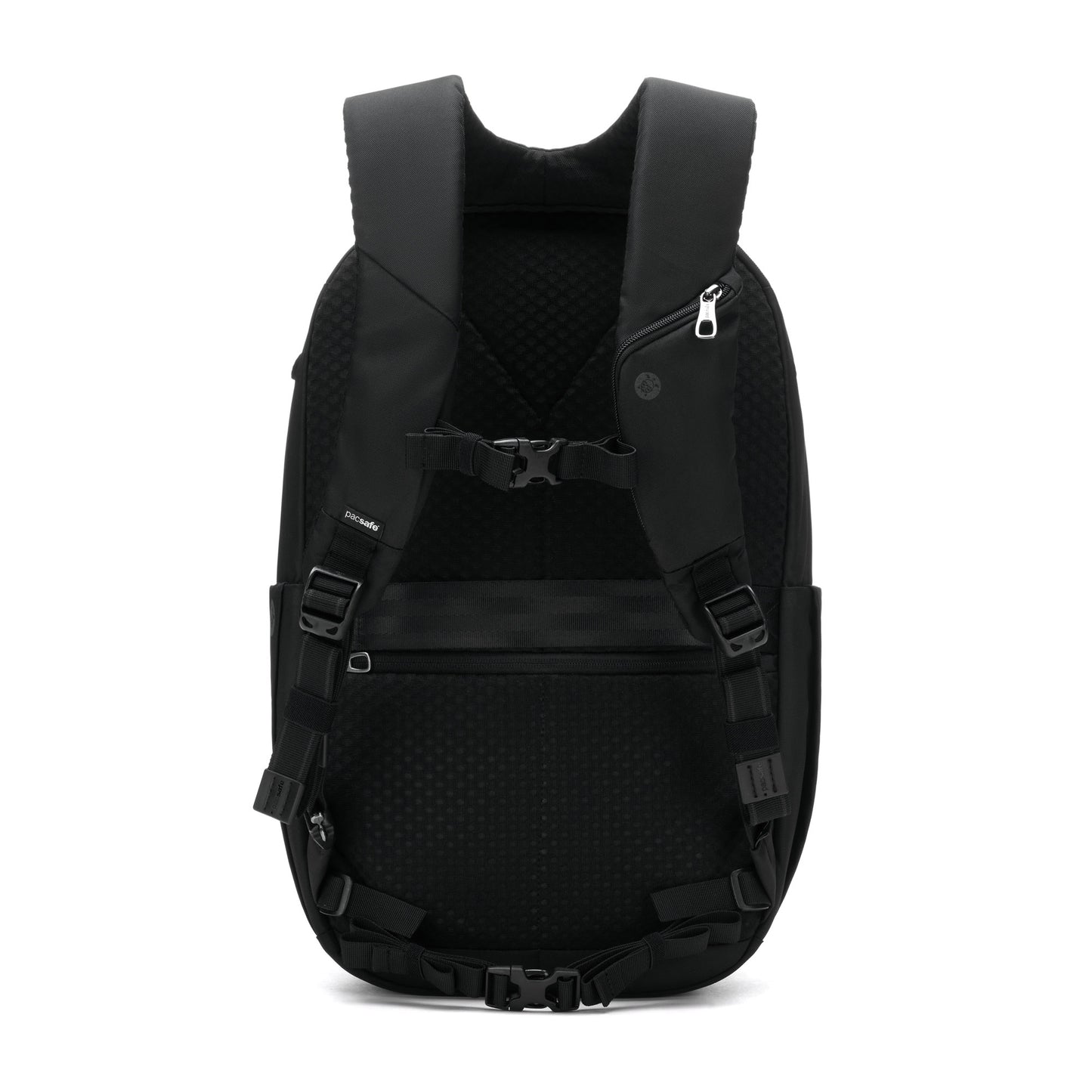 Pacsafe® V 26L Anti-theft Tour Backpack: black, padded straps, chest buckle, secure zippered pocket; ideal for travel.