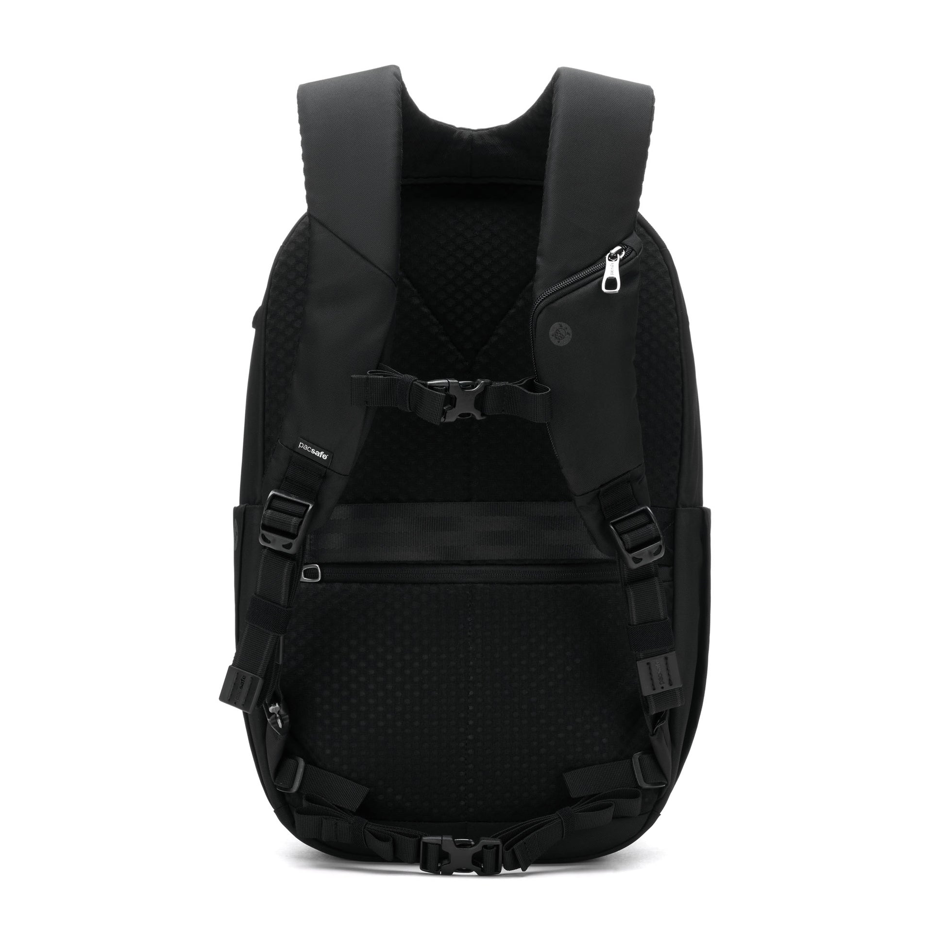 Pacsafe® V 26L Anti-theft Tour Backpack: black, padded straps, chest buckle, secure zippered pocket; ideal for travel.