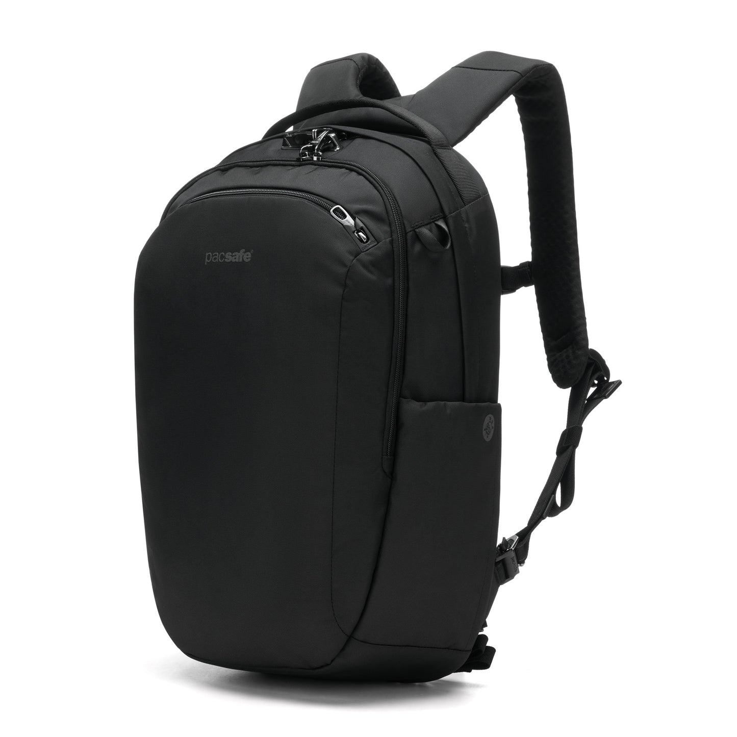 Pacsafe® V 26L anti-theft backpack with multiple compartments, adjustable straps, and recycled polyester.