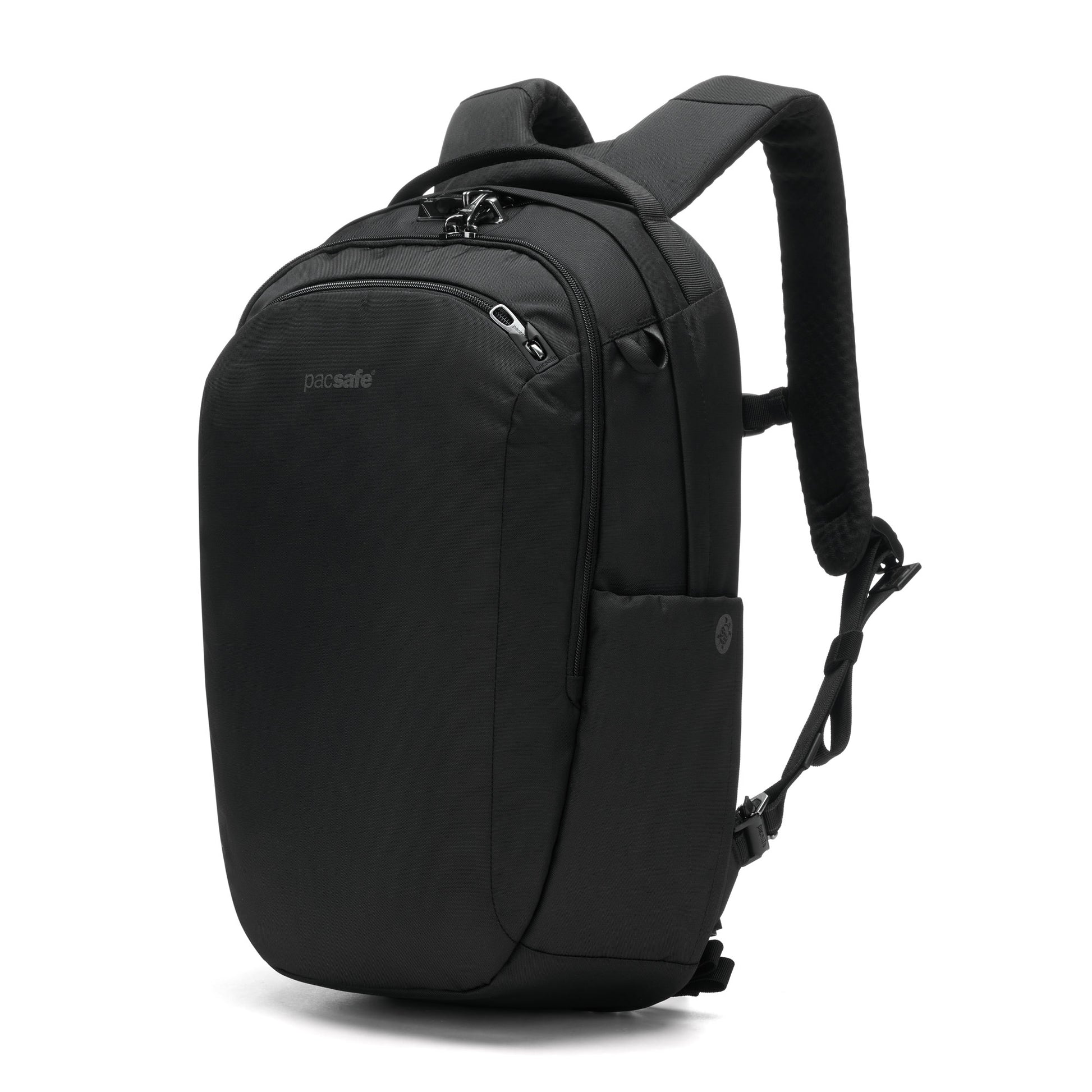 Pacsafe® V 26L anti-theft backpack with multiple compartments, adjustable straps, and recycled polyester.