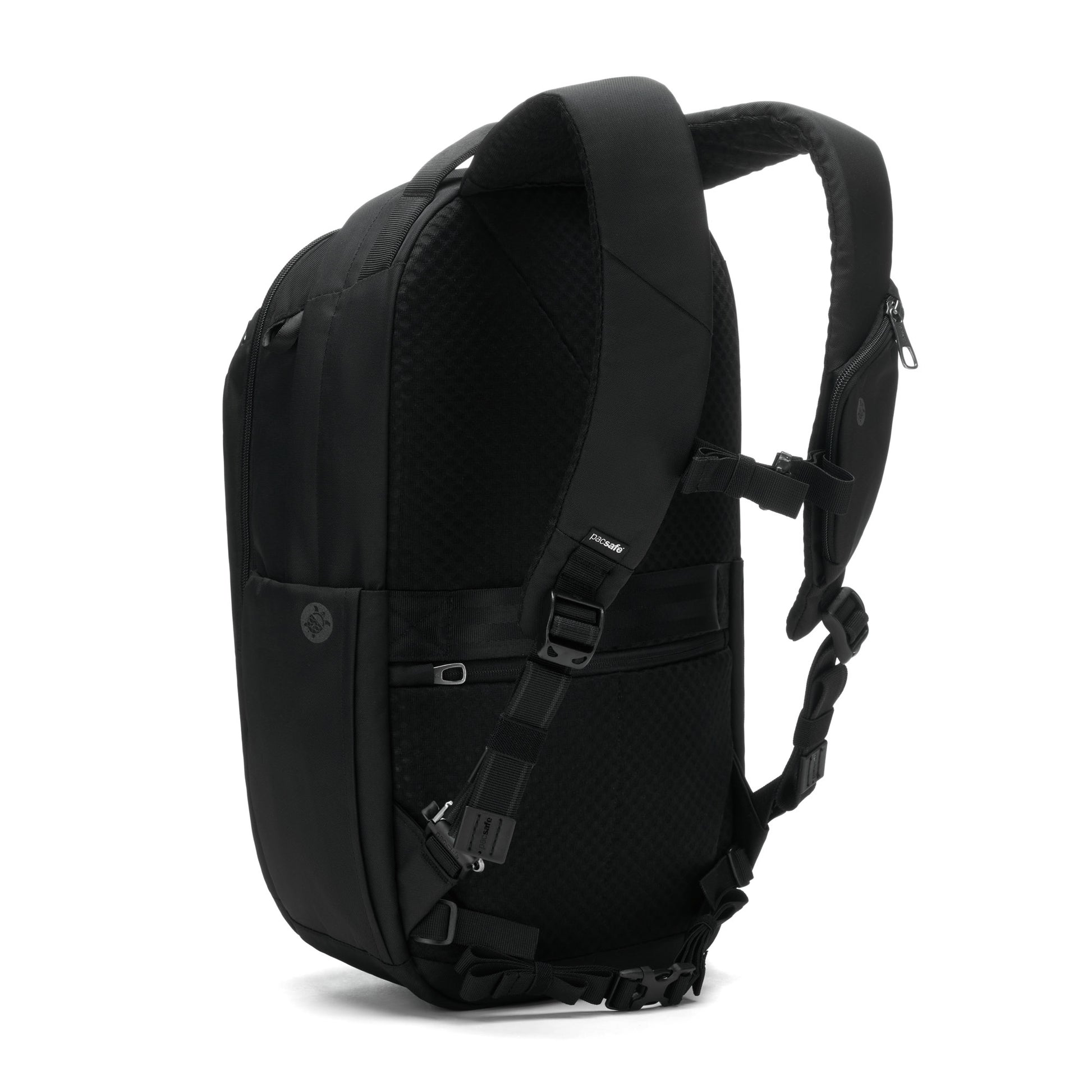 Pacsafe® V 26L Anti-theft Tour Backpack in black polyester with side pockets, adjustable straps & secure buckles.